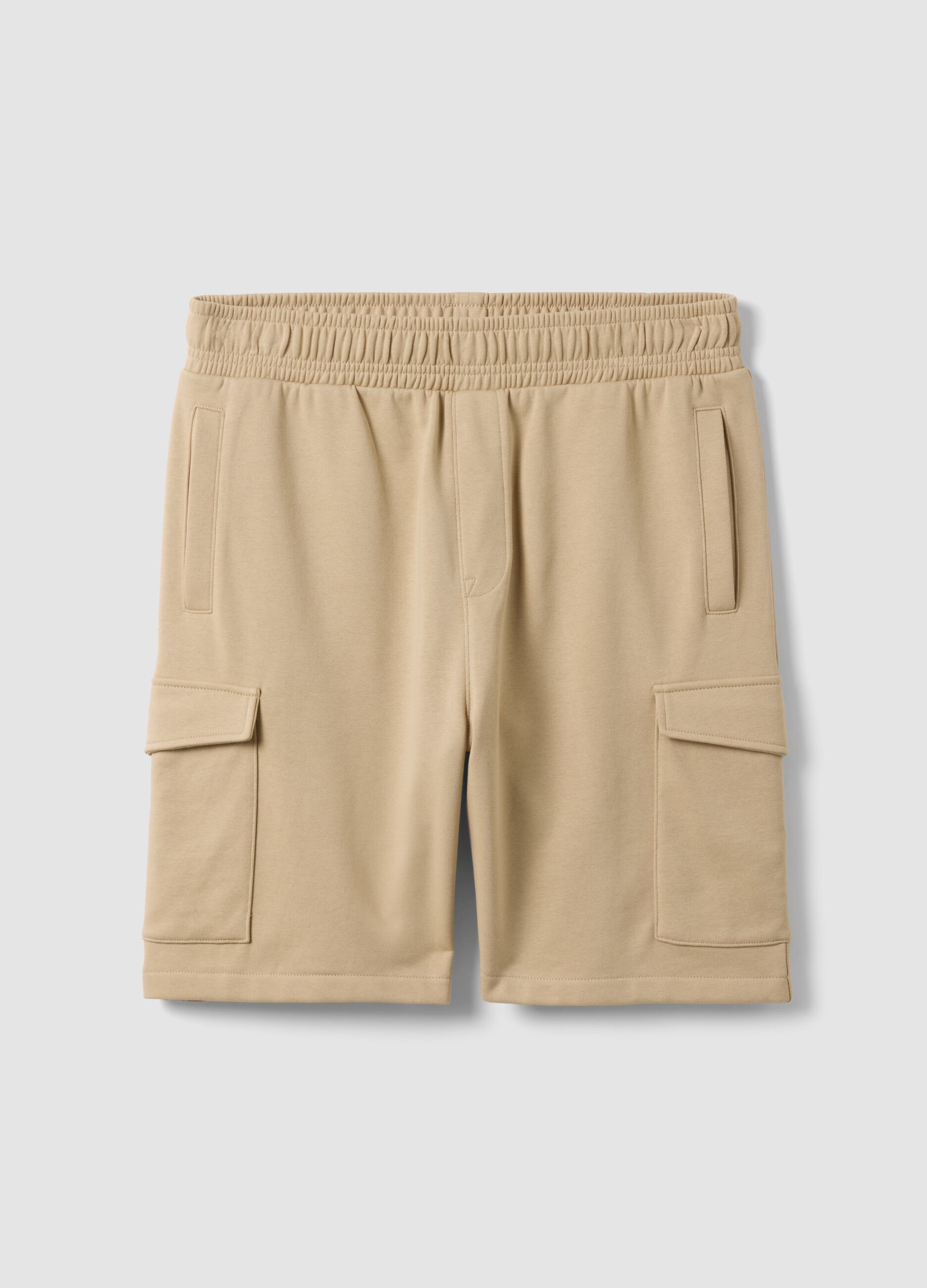 Beige cotton-blend cargo pocket Bermuda shorts, relaxed fit
