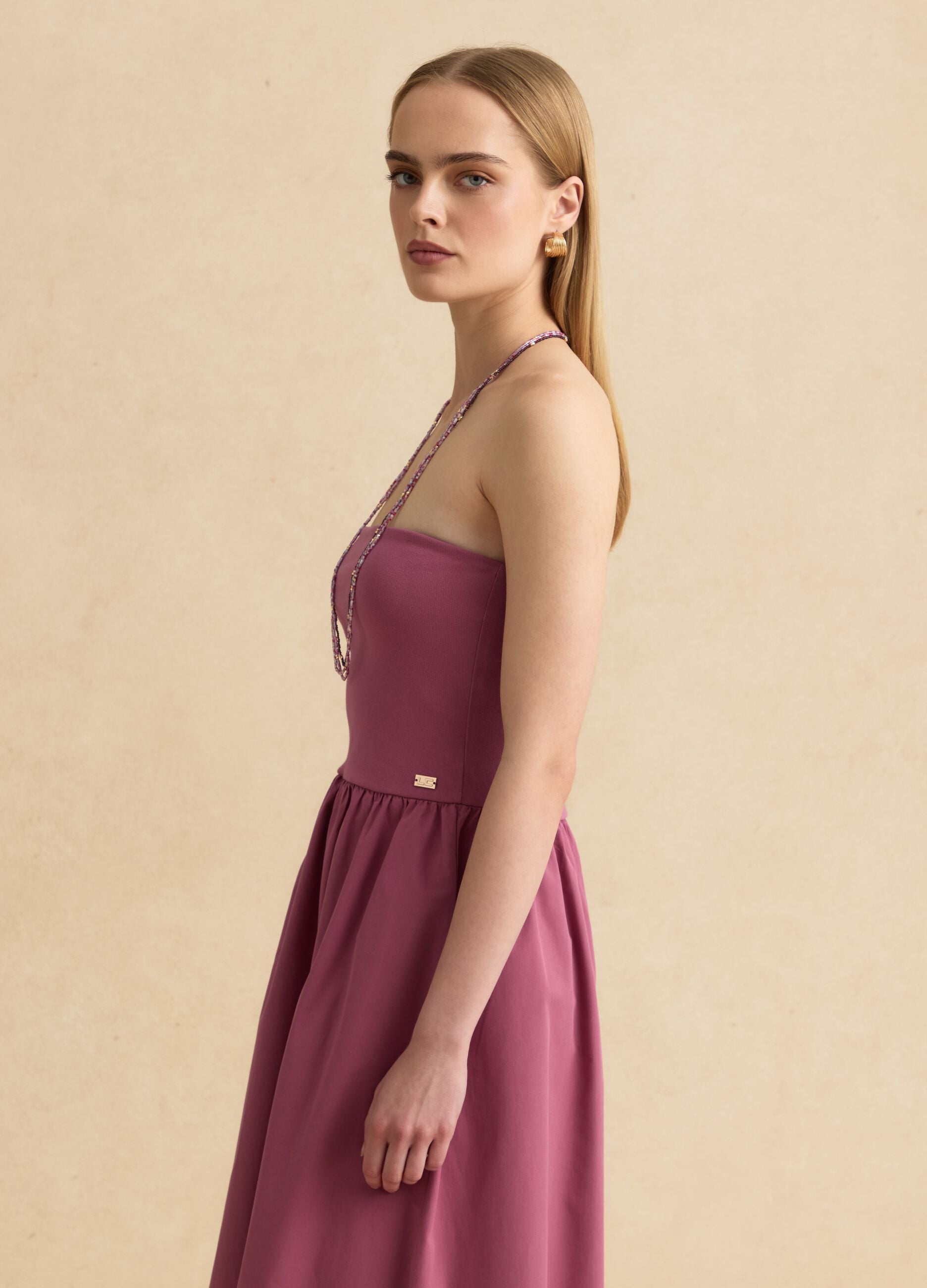 Pink strapless maxi dress in stretch cotton, regular fit