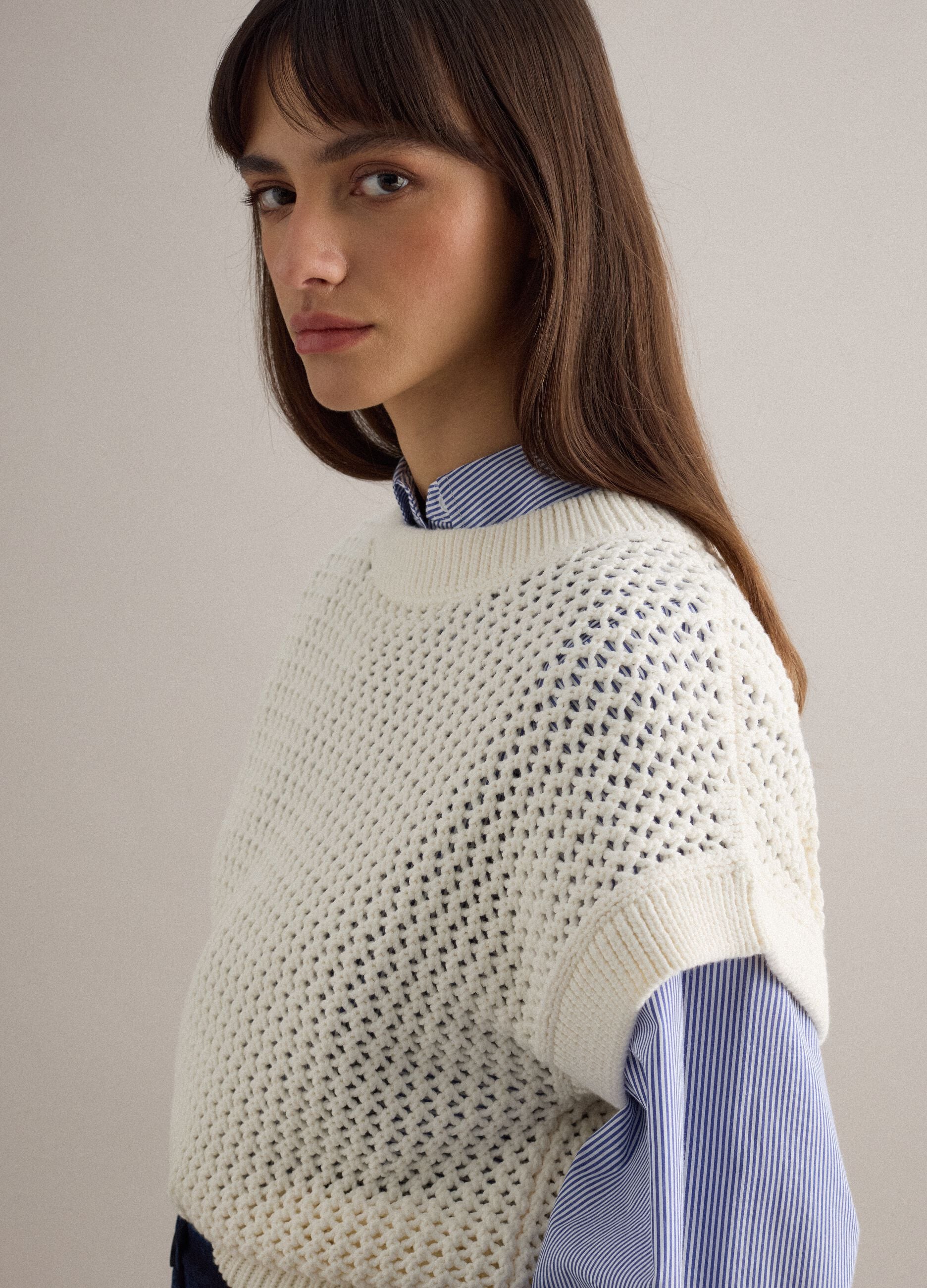 White cotton blend eyelet knit regular fit jumper