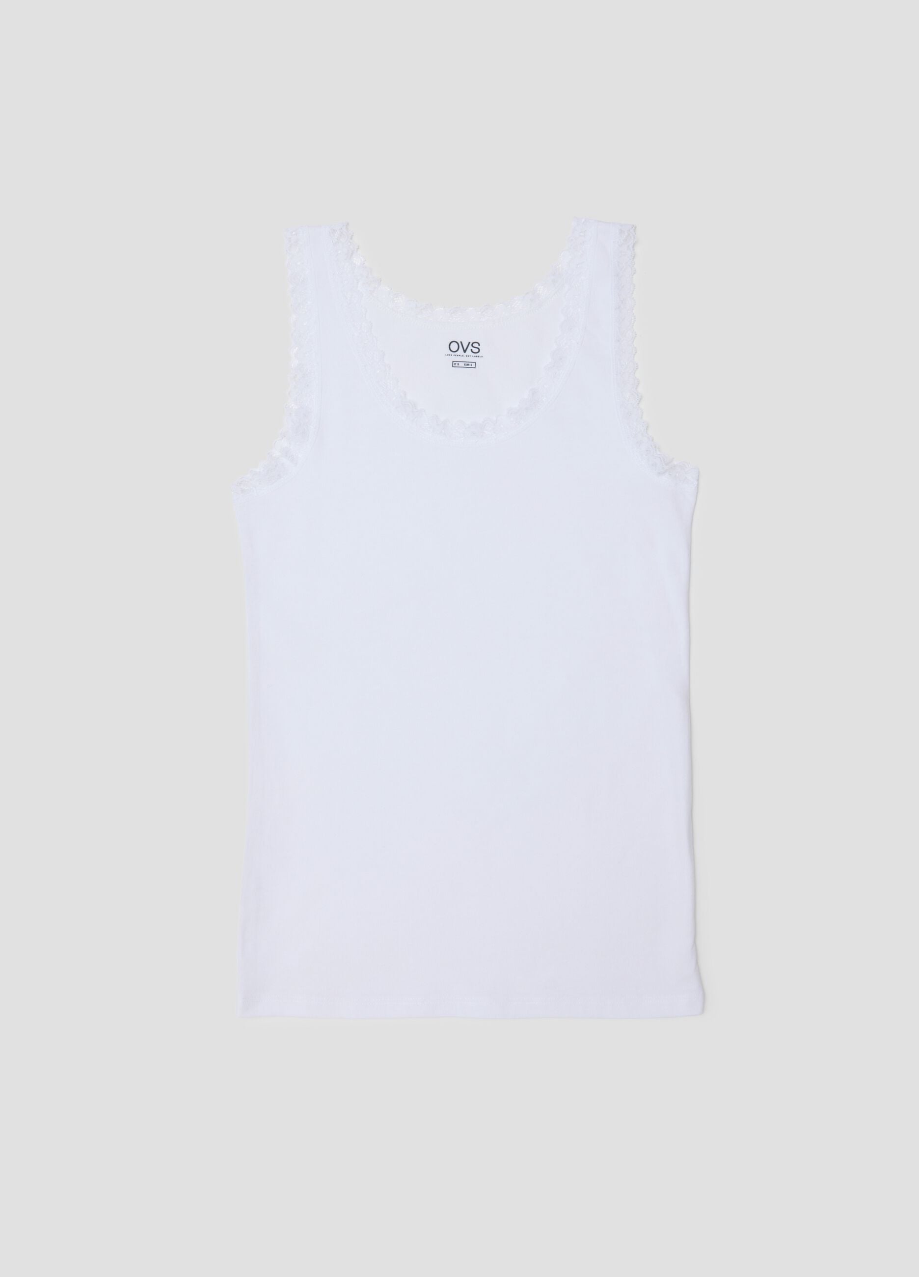 Regular fit white stretch cotton vest with lace trim