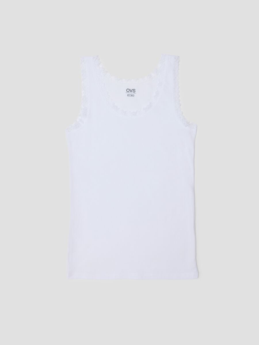 Regular fit white stretch cotton vest with lace trim_4