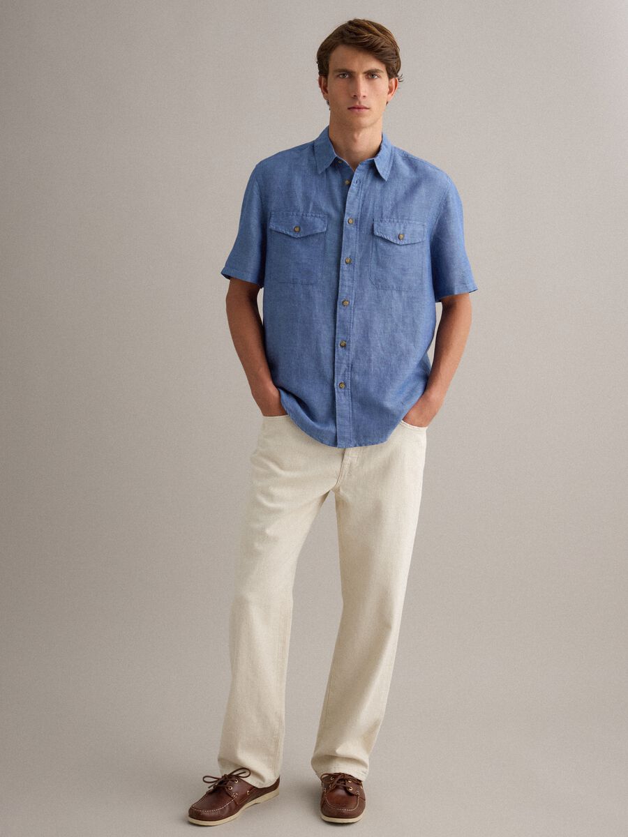 Men's blue shirt in linen and cotton blend_2