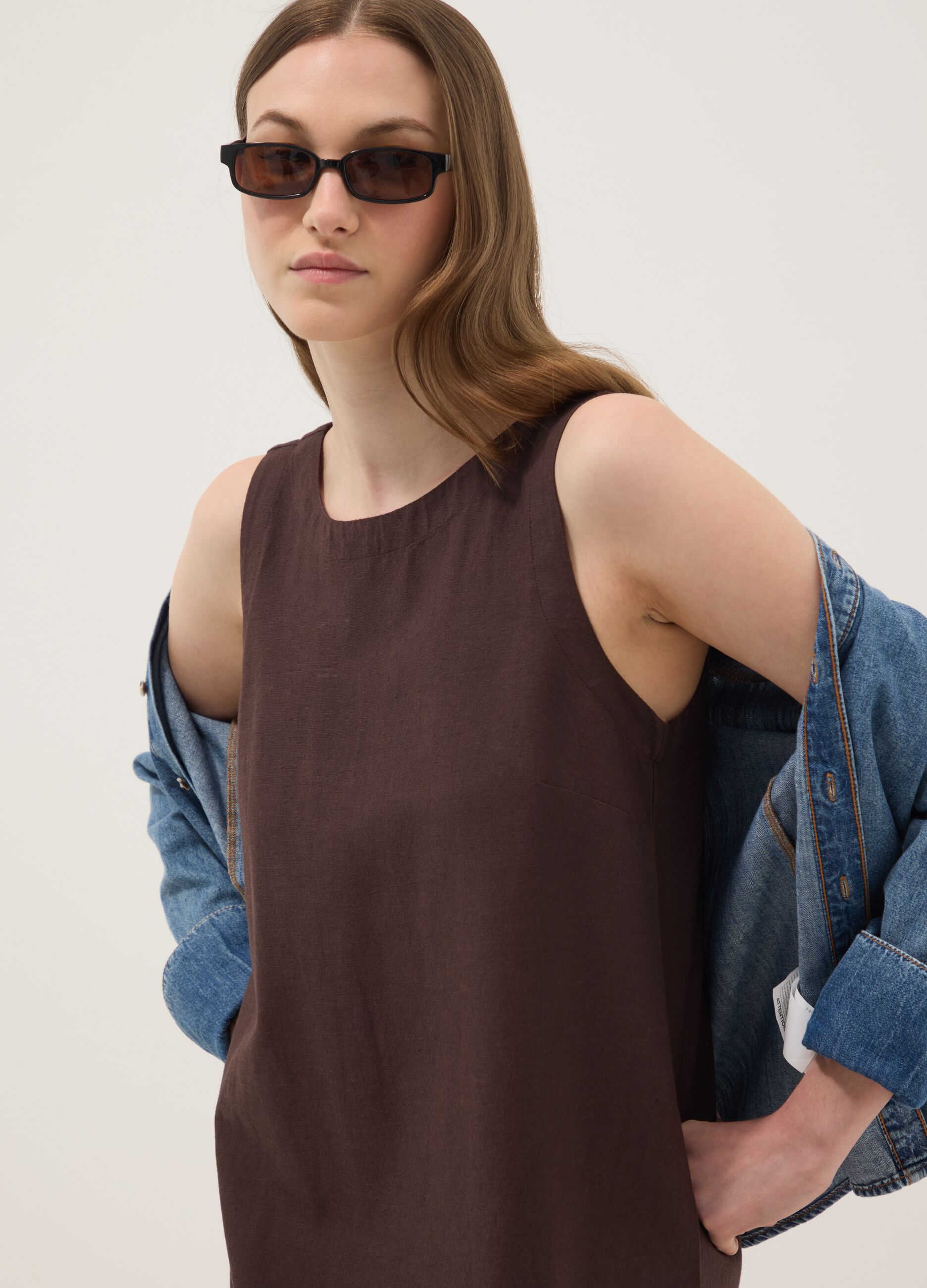 Brown regular-fit dress in a viscose, cotton and linen blend