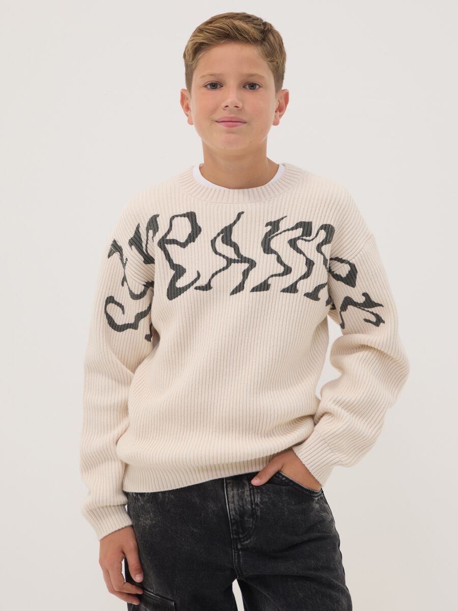 Maglia over beige in misto cotone con girocollo a costine per ragazzo_1