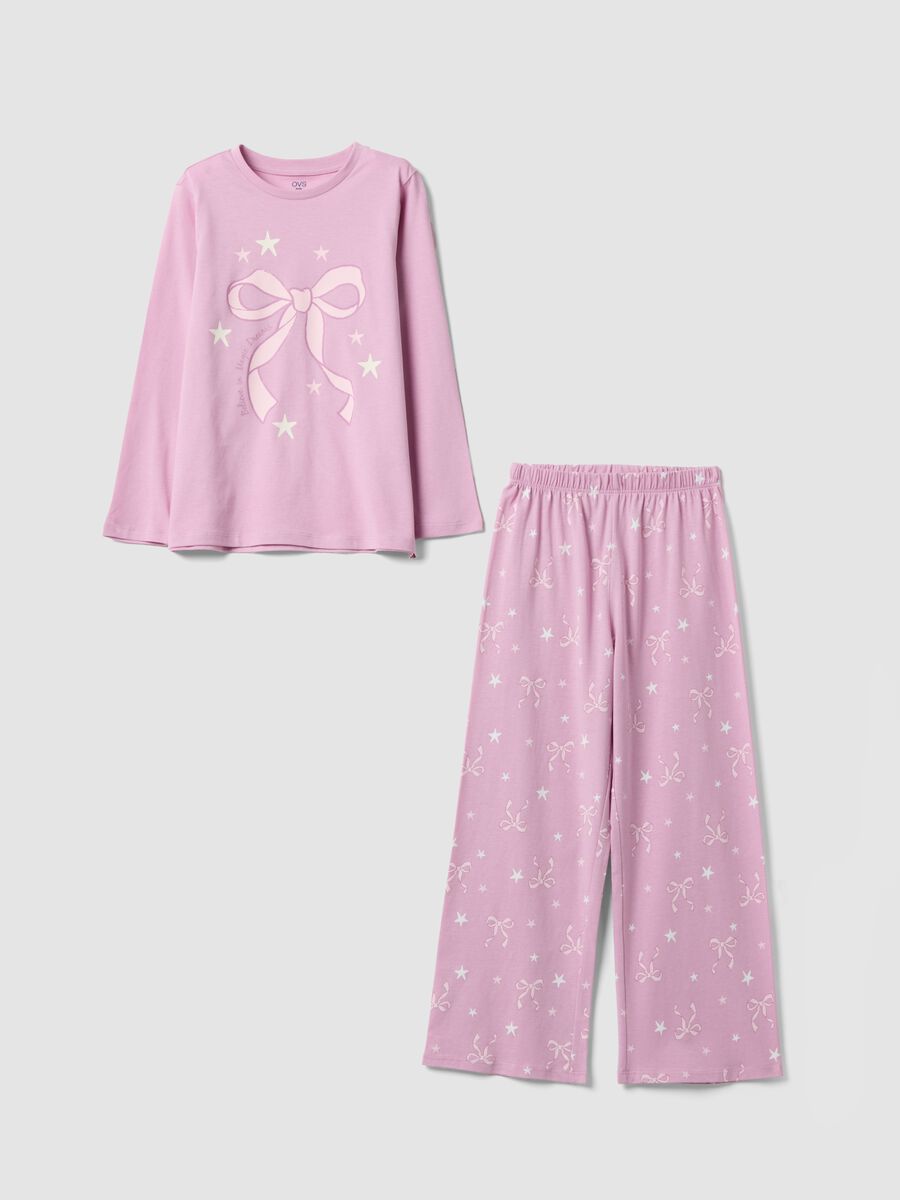 Pink organic cotton jersey pyjamas with bow print_0