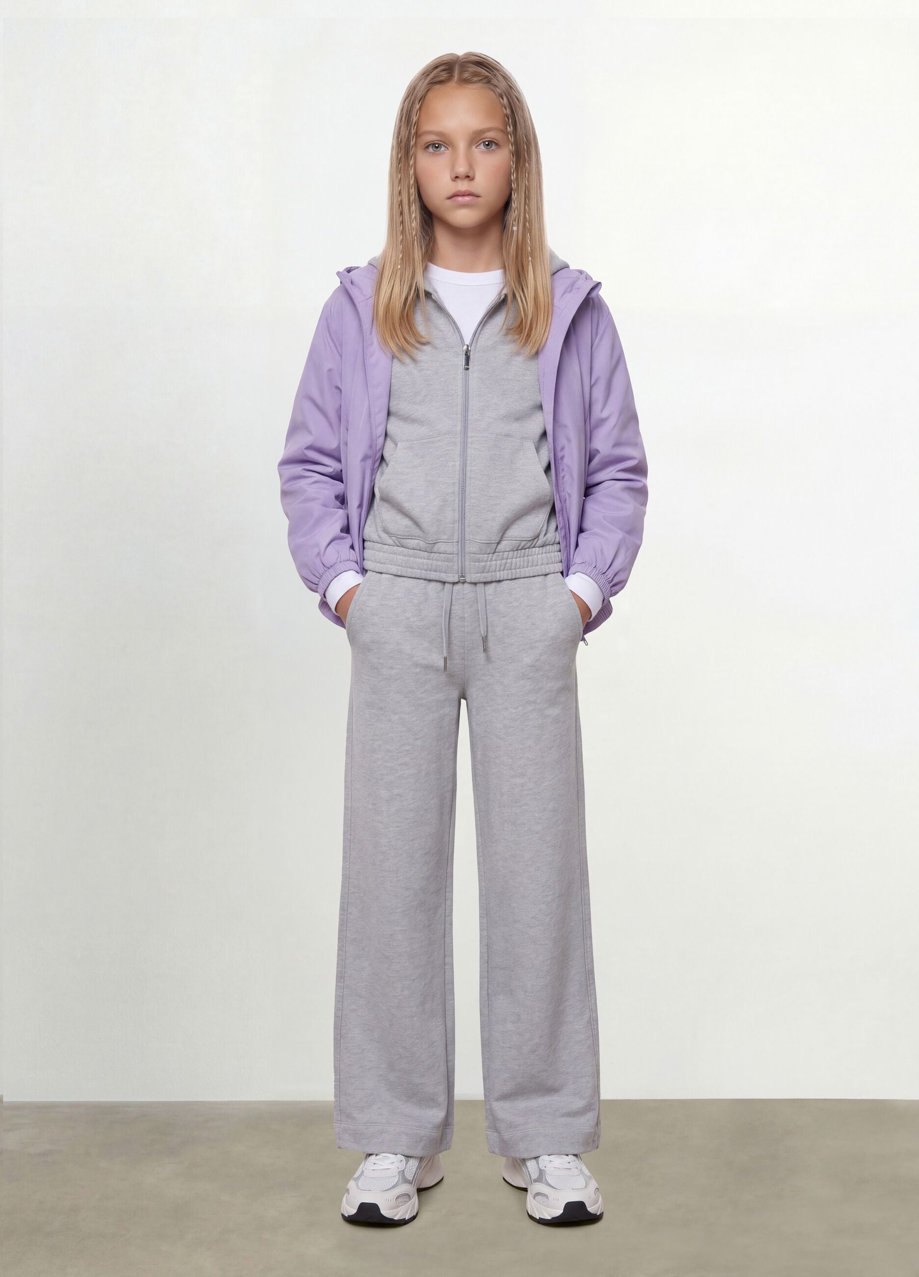 Purple rain jacket with hood and zip for girls