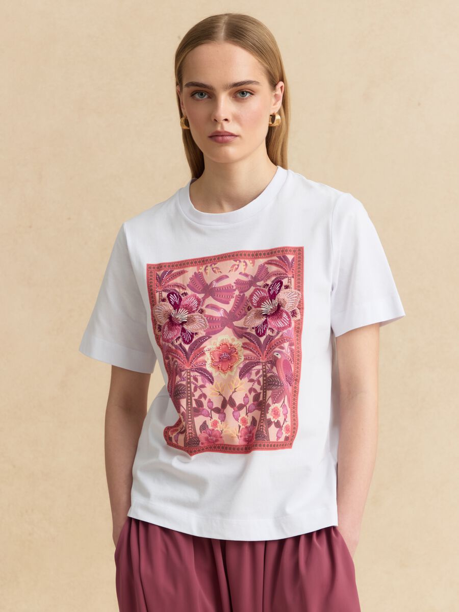 White pure cotton T-shirt with floral print_1