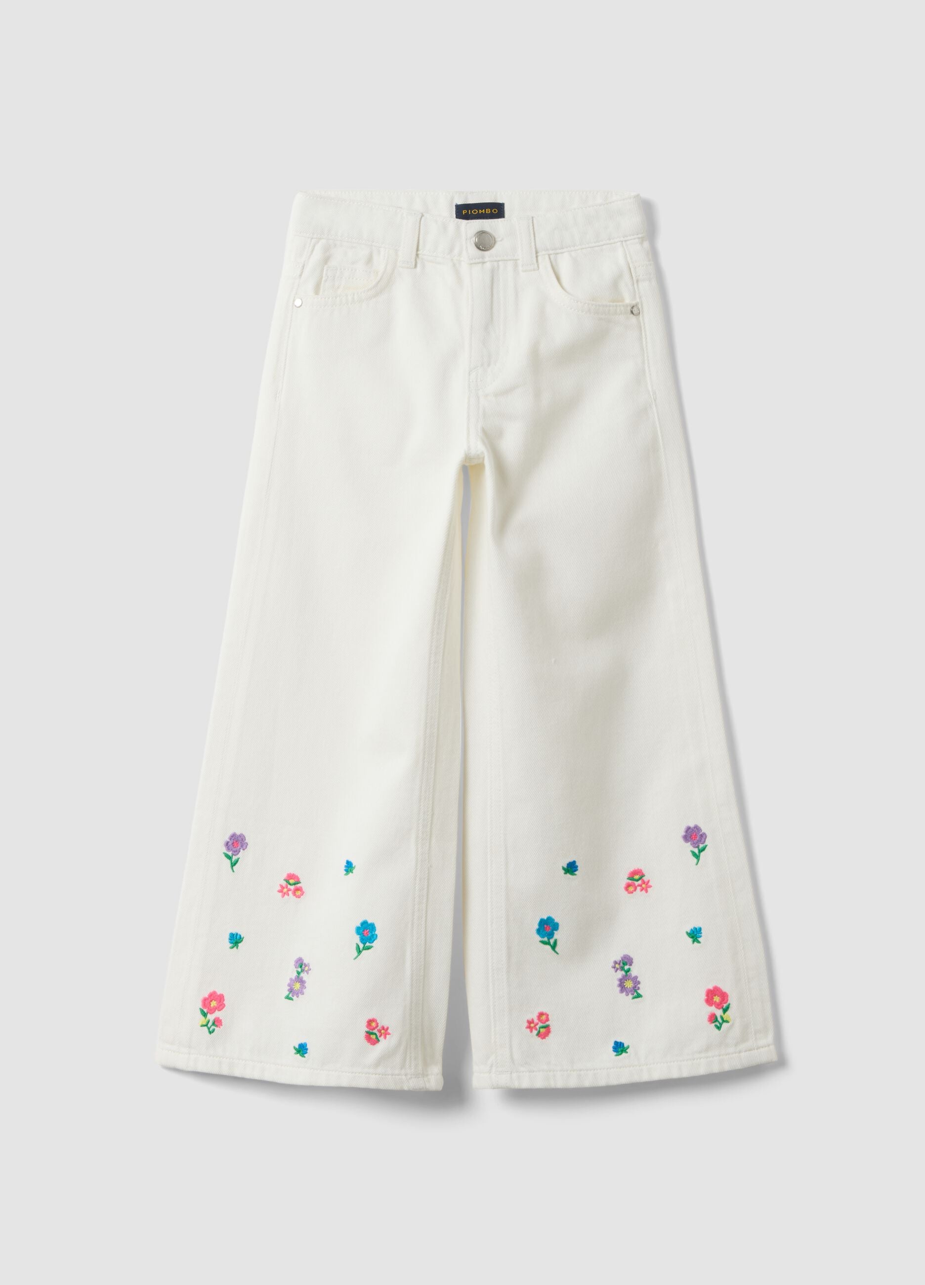 Girls' Wide Leg Pure Cotton White Trousers with Flowers