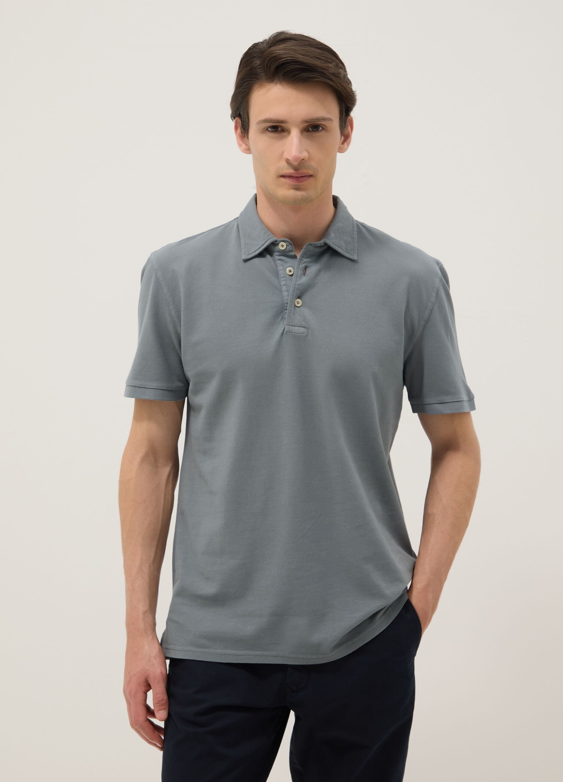 Grey pure cotton slim-fit short-sleeve polo