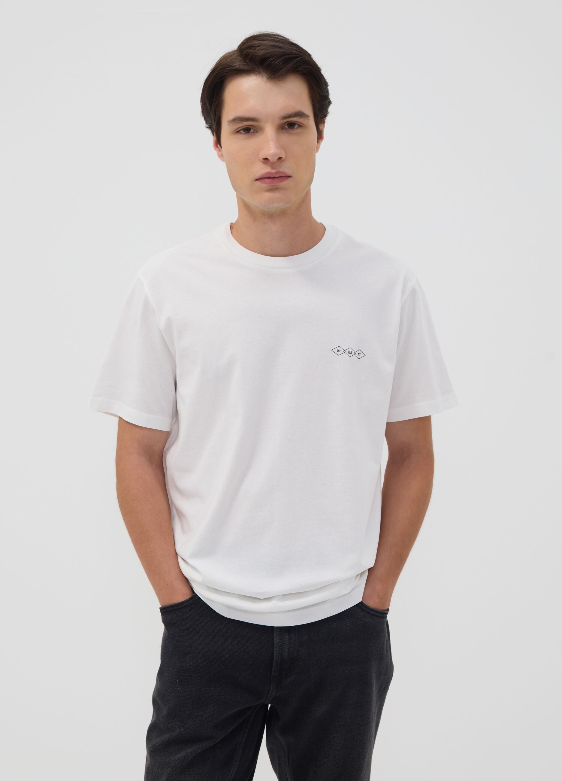White pure cotton jersey T-shirt with graphic print, regular fit