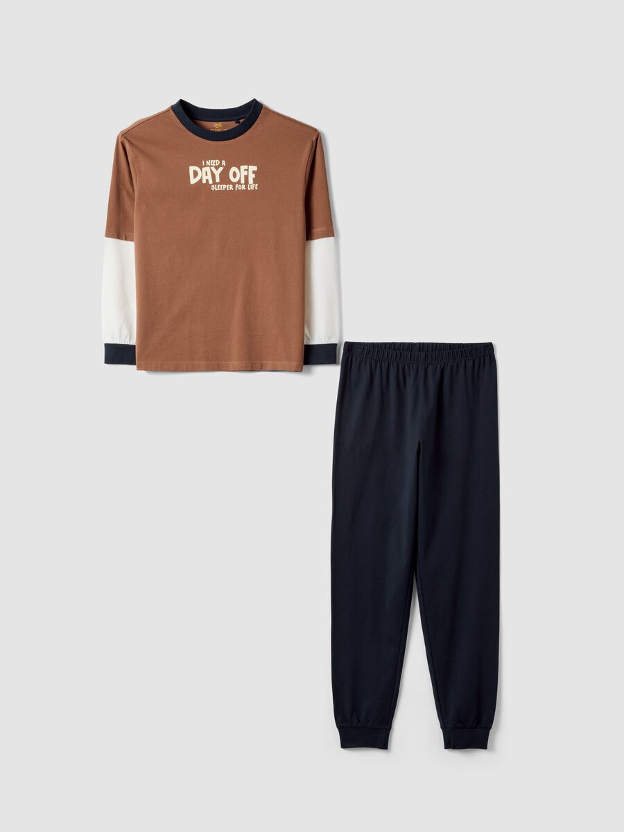 Blue and brown organic cotton crew-neck pyjamas for boys_0