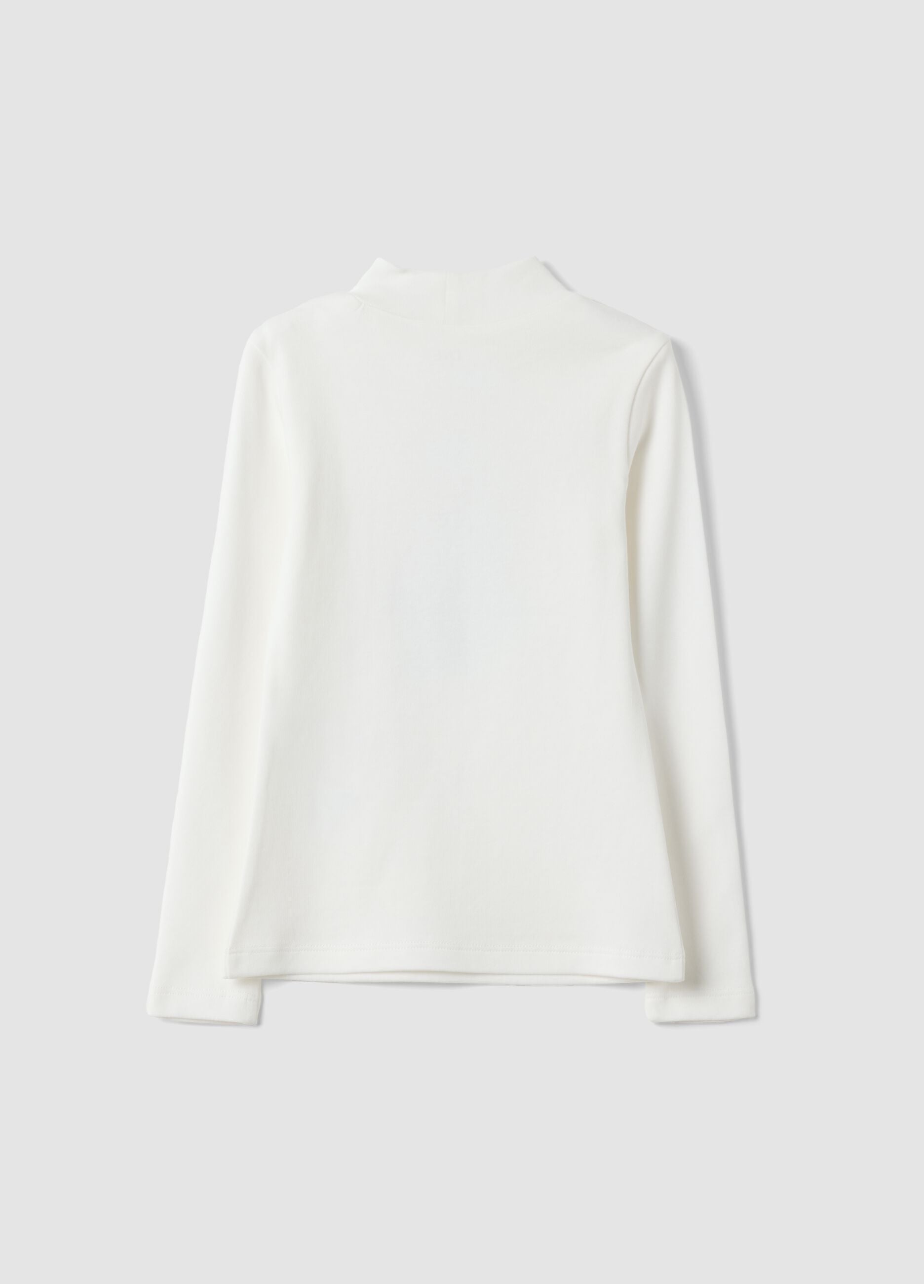 White organic cotton T-shirt with high neck and teddy bear print