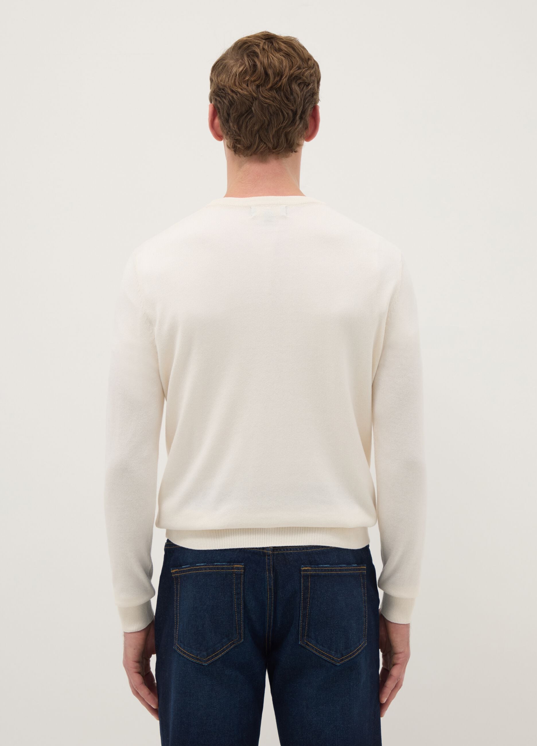 Beige crew-neck cotton blend pullover regular fit