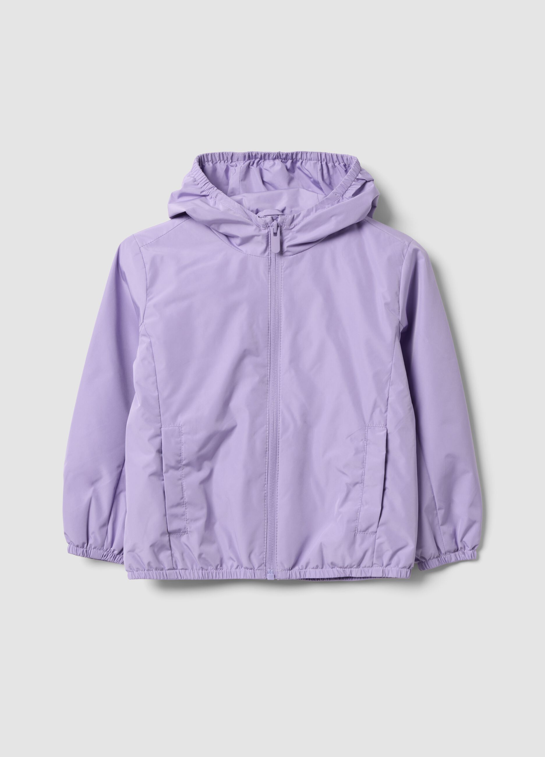 Purple hooded rain jacket with zip for girls, regular fit