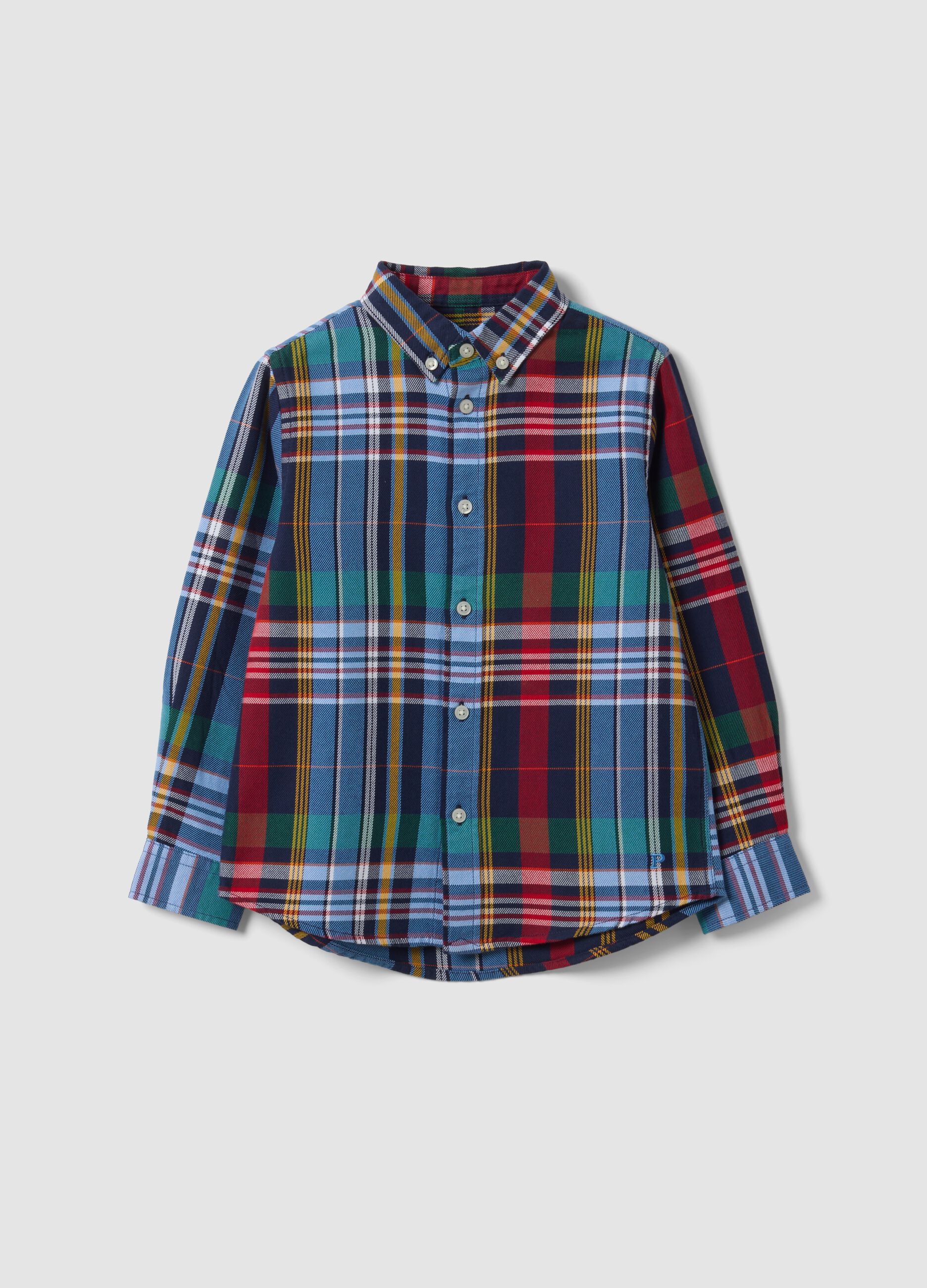 Multicolour pure cotton checked shirt with classic button-down collar
