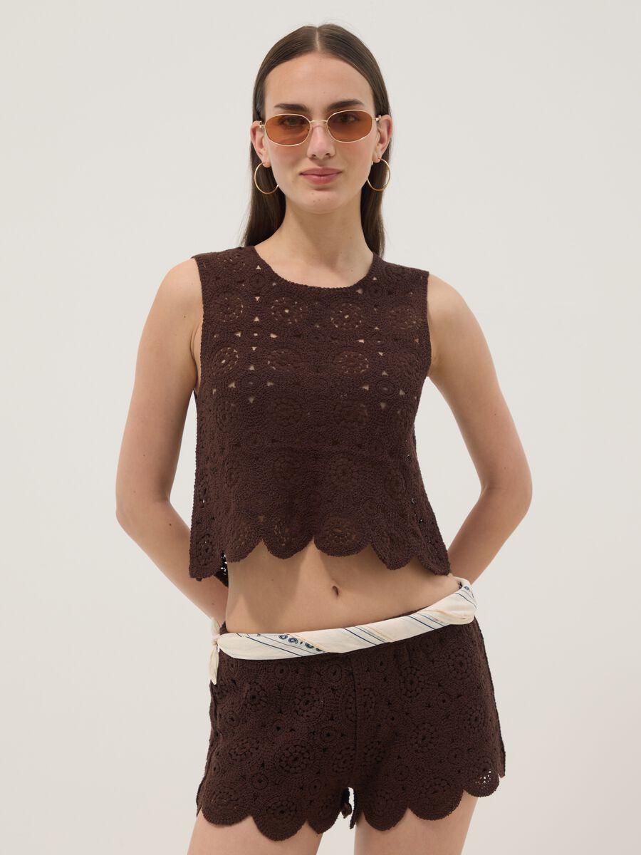 Brown cotton-blend crochet tank top, regular fit_1