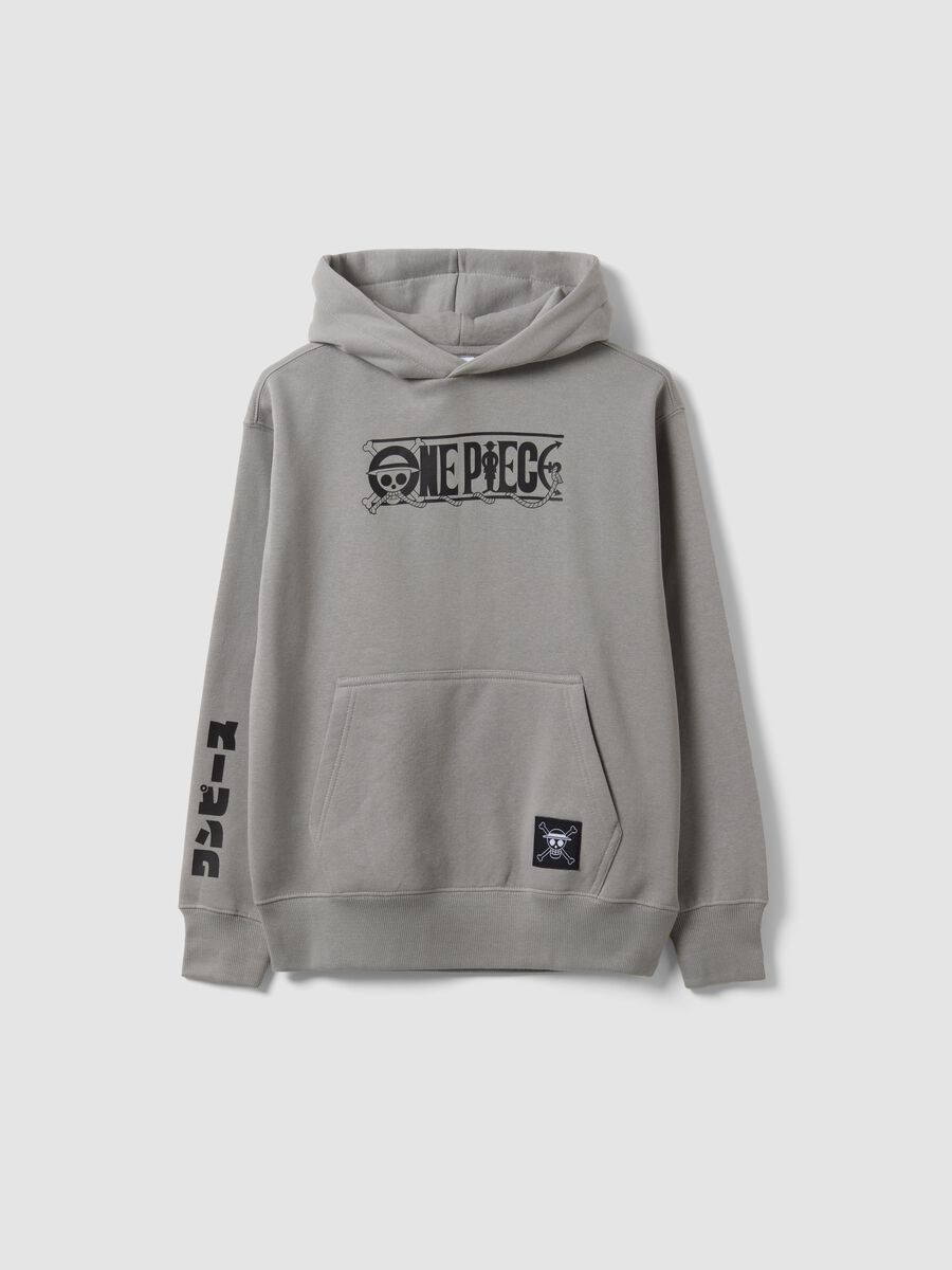 Grey hooded sweatshirt in cotton blend with One Piece print, oversized fit_0