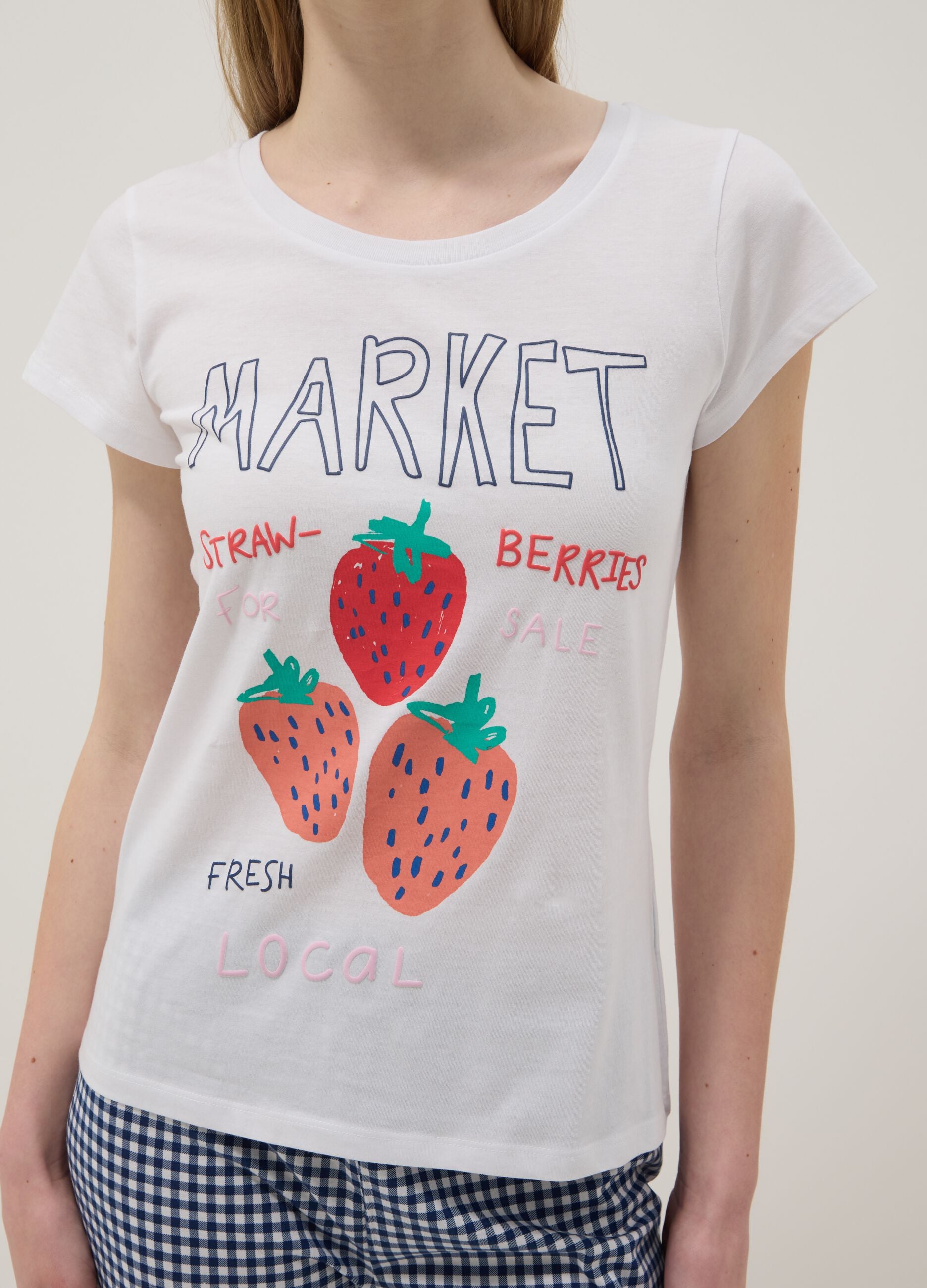 White pure cotton pajama shirt regular fit with strawberries