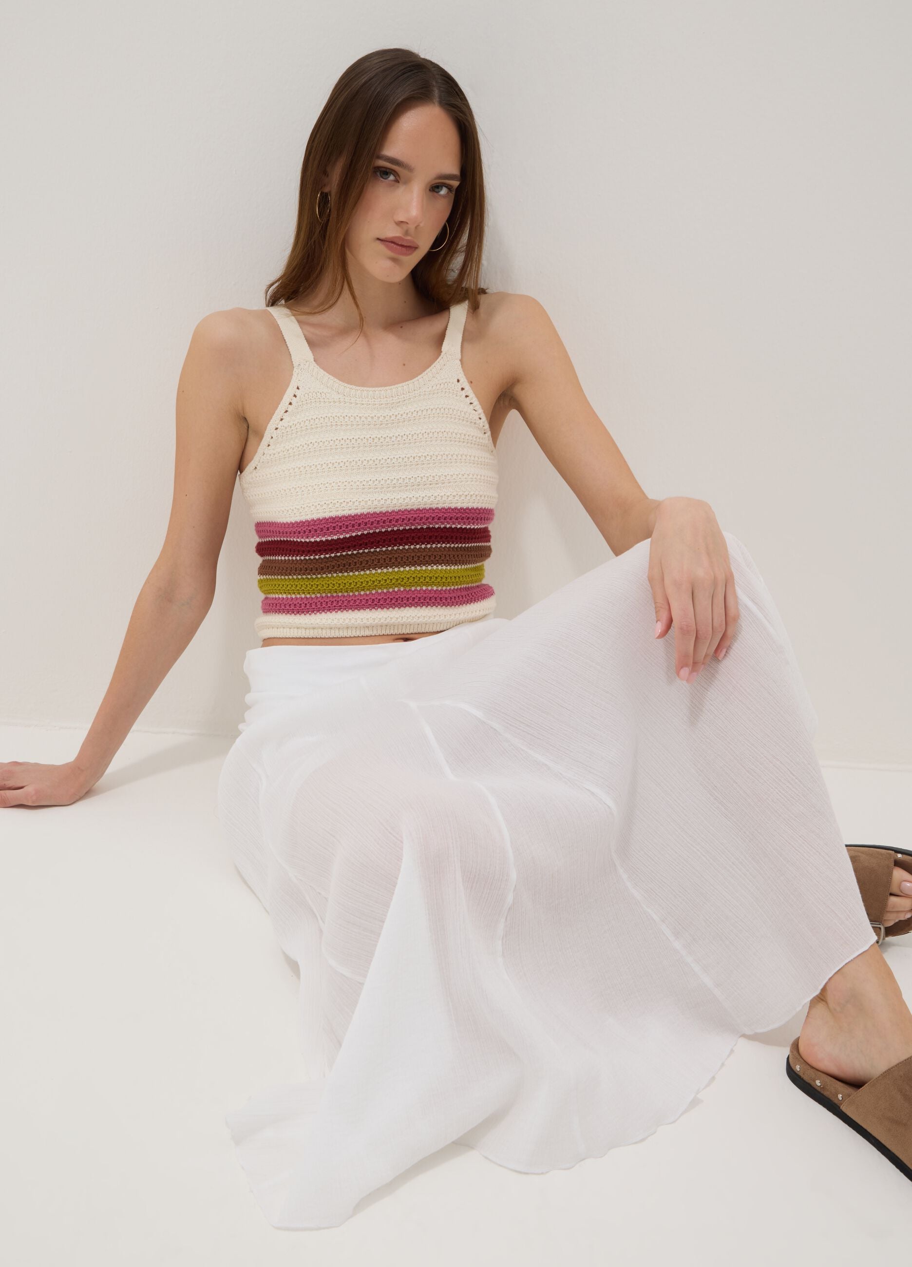 Fitted pure cotton multicolour striped knitted top