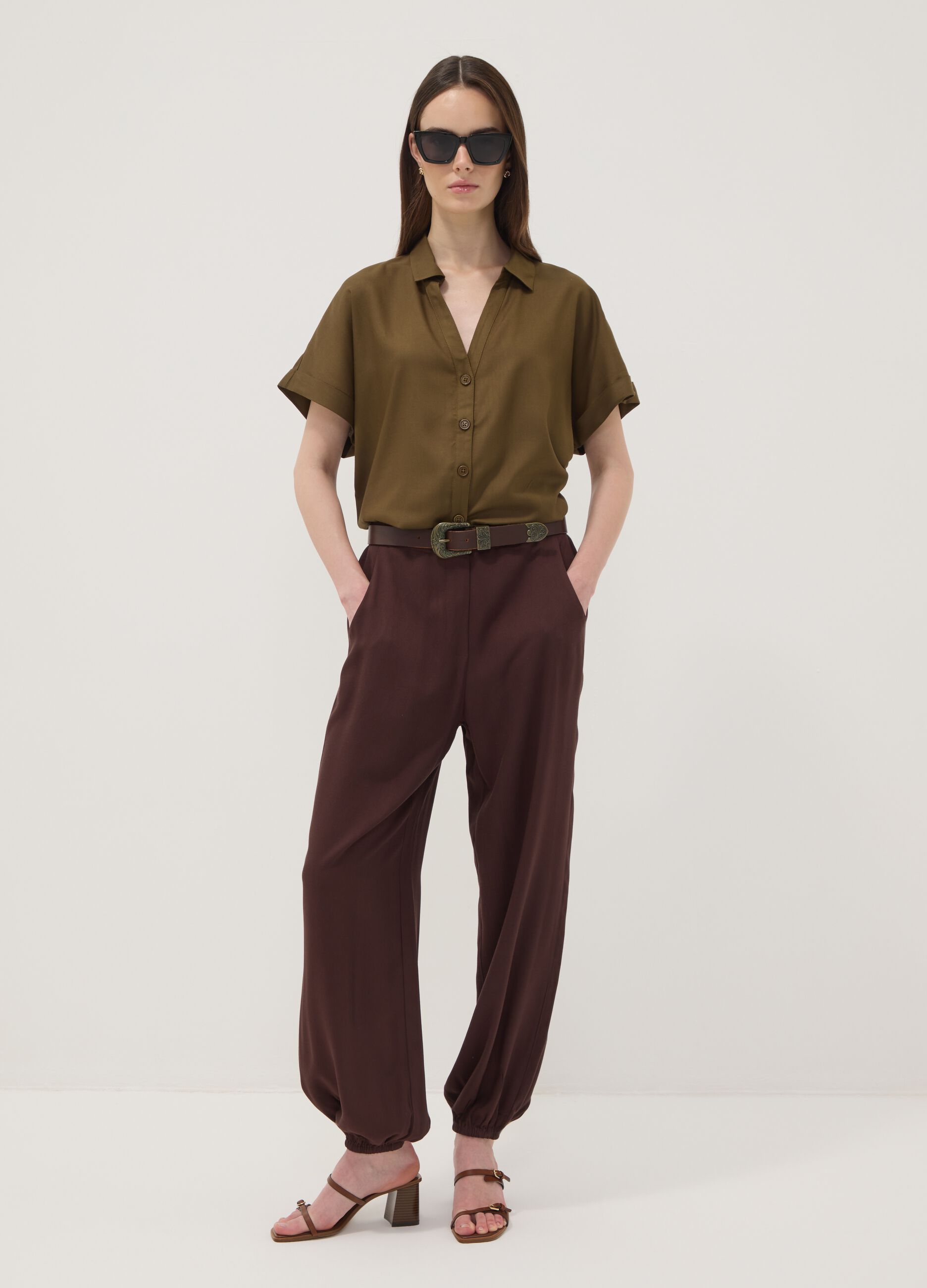 Brown pure viscose trousers with elasticated cuffs, regular fit