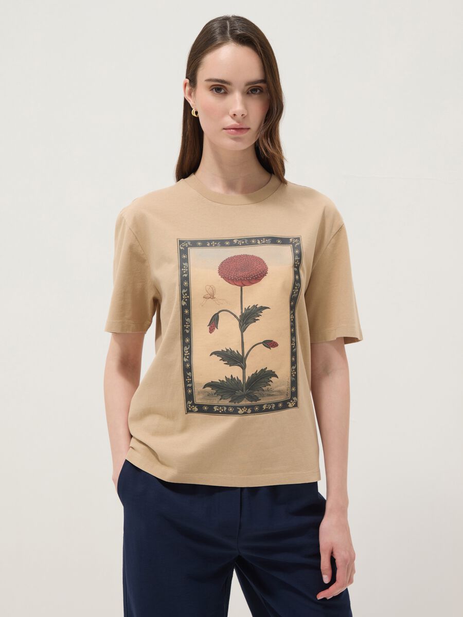 Beige pure cotton T-shirt with floral print_1