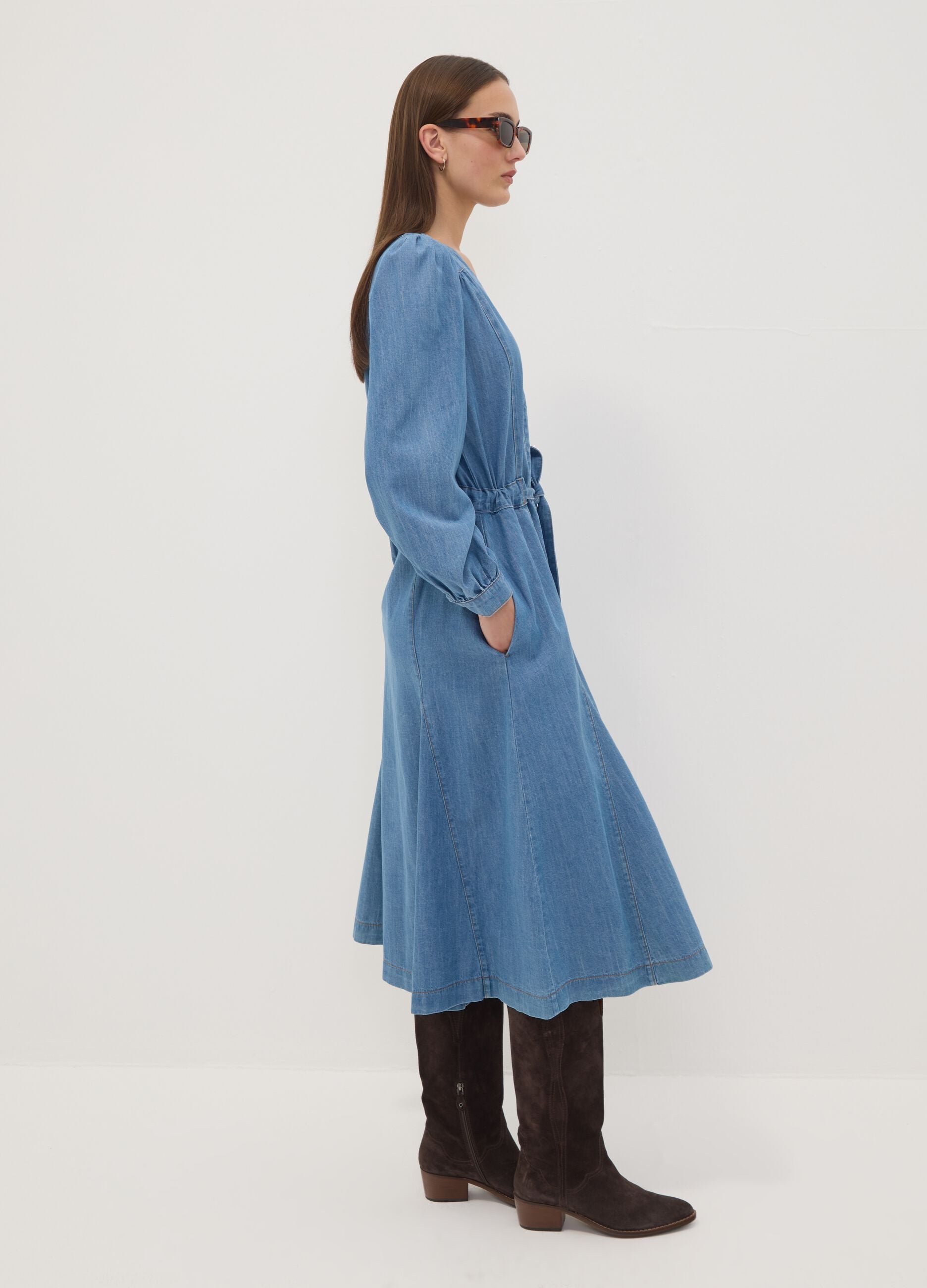 Blue pure cotton denim dress with deep V-neck regular fit