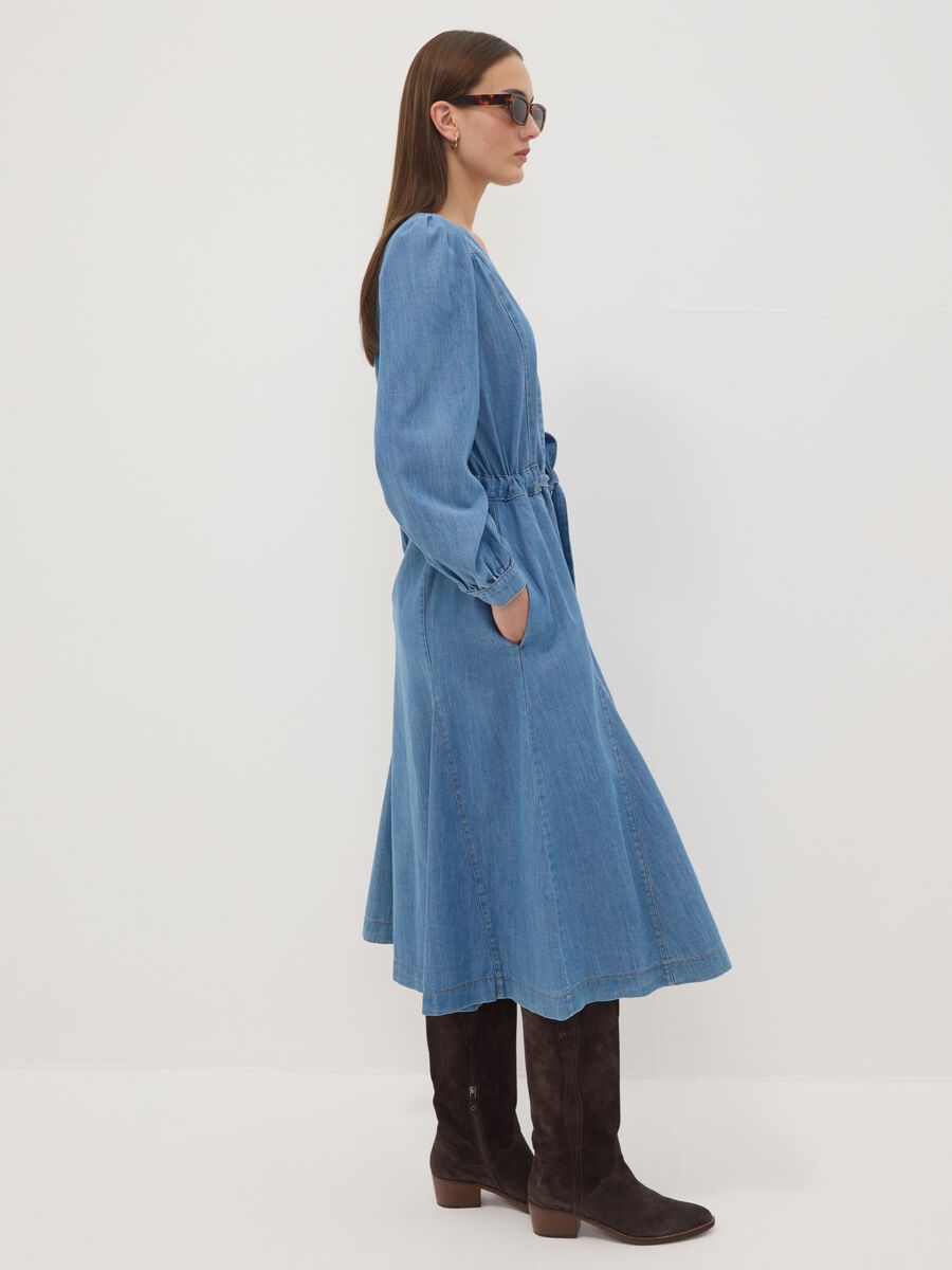 Blue pure cotton denim dress with deep V-neck regular fit_2