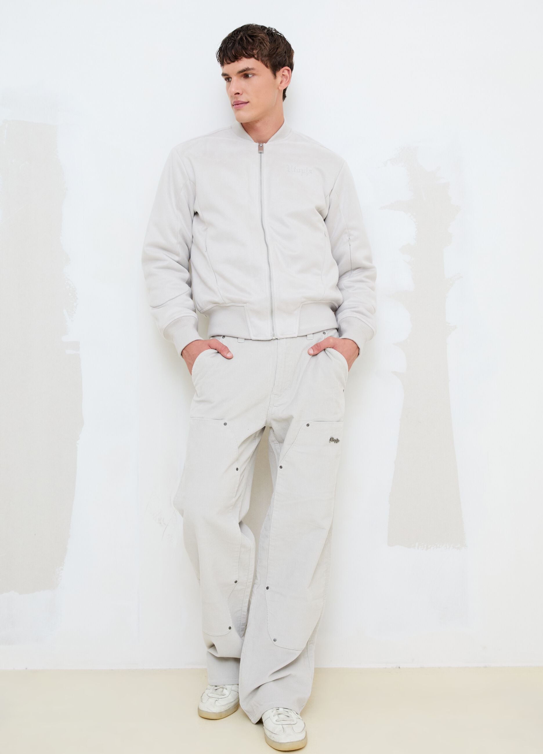 Faux Suede Bomber Jacket &ndash; Light Beige