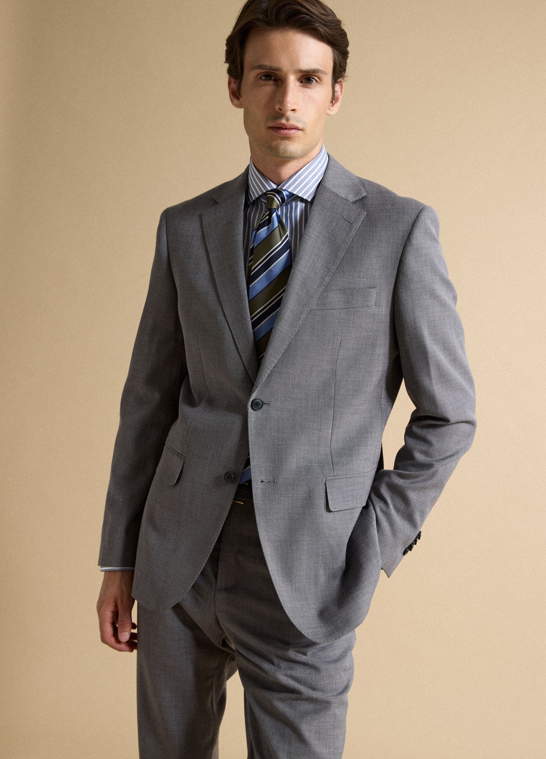 Grey stretch viscose slim-fit blazer with classic lapels
