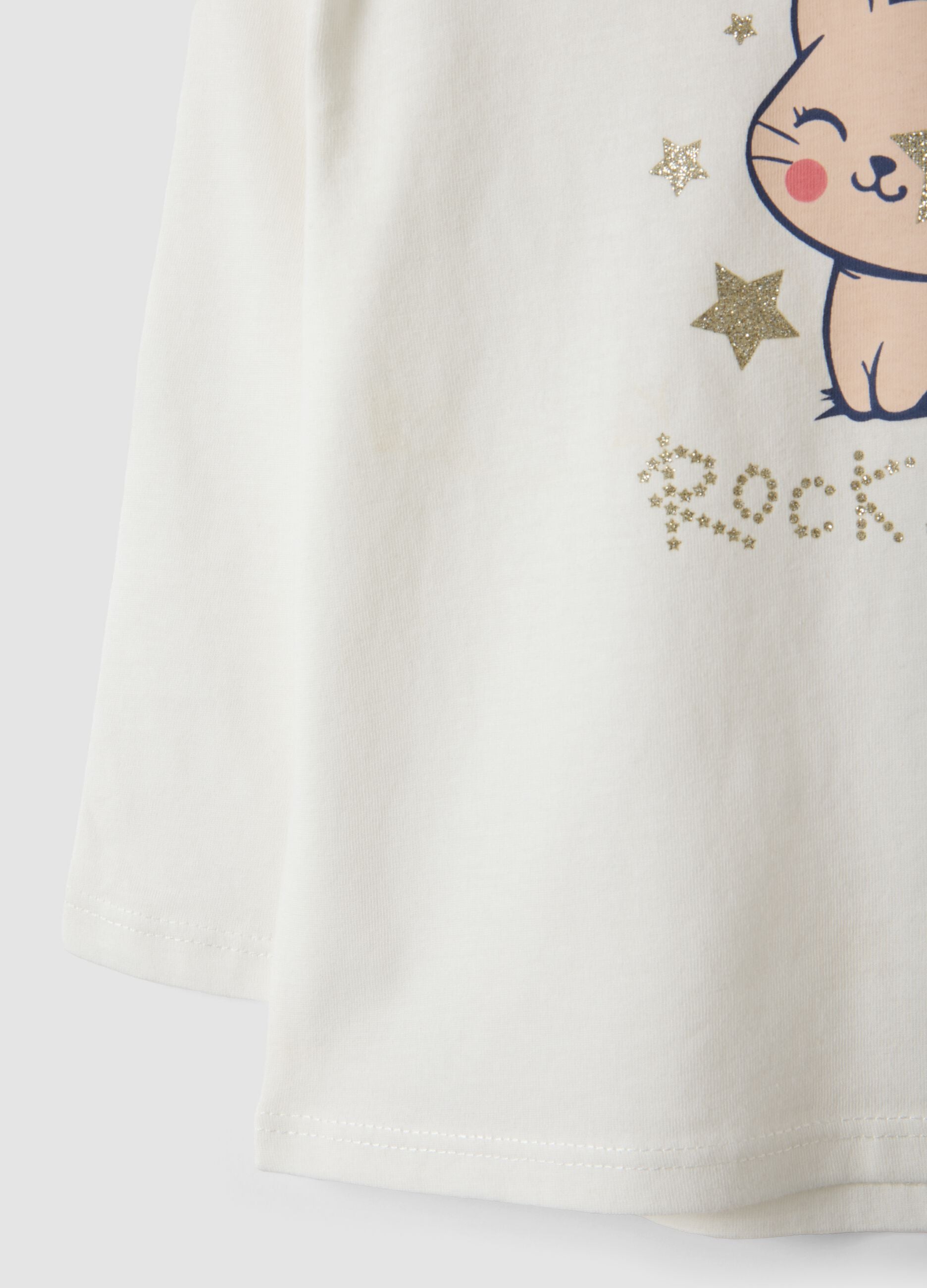 White organic cotton T-shirt with kitten print for baby girl