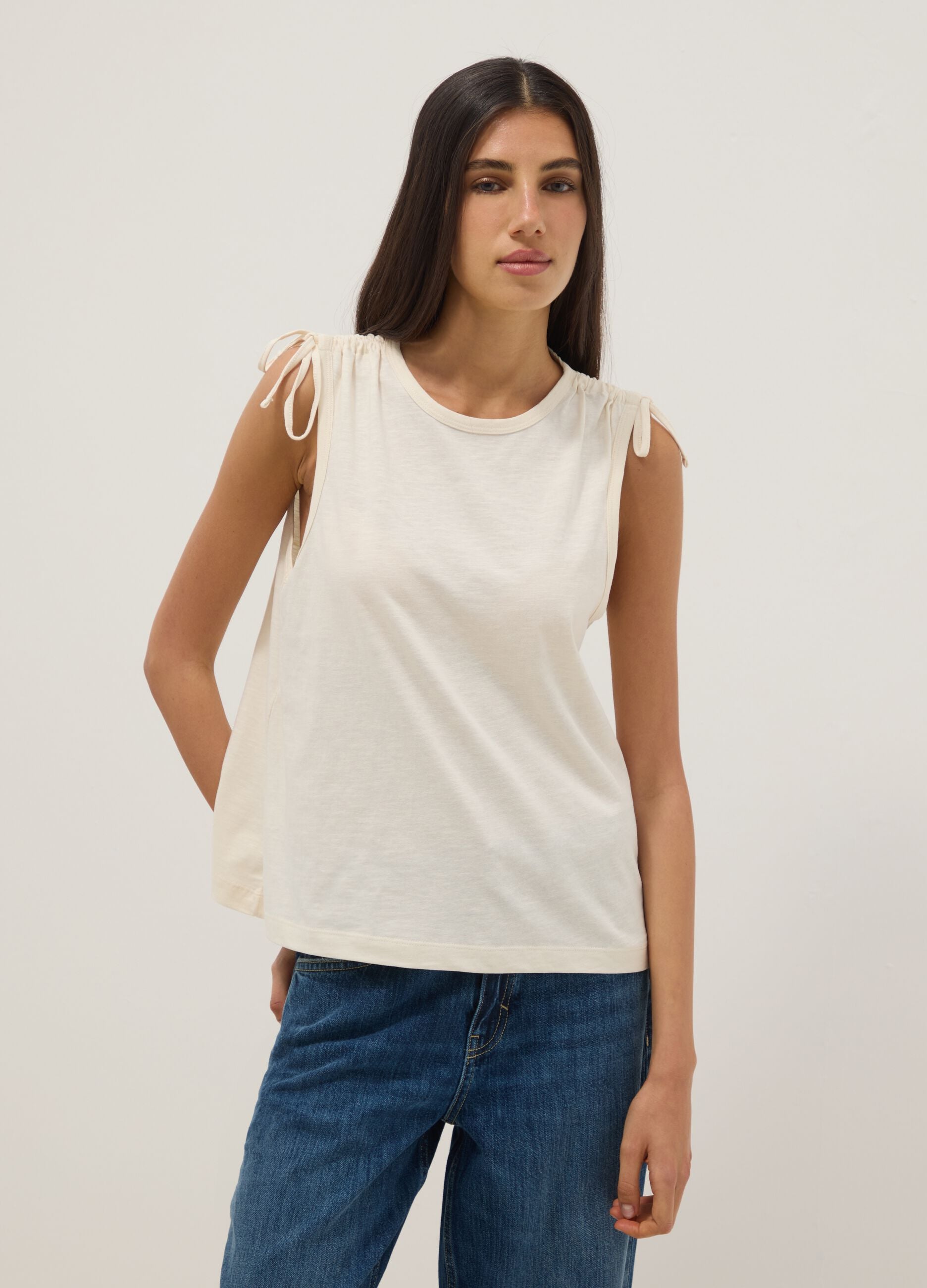 Beige pure cotton top with shoulder ties
