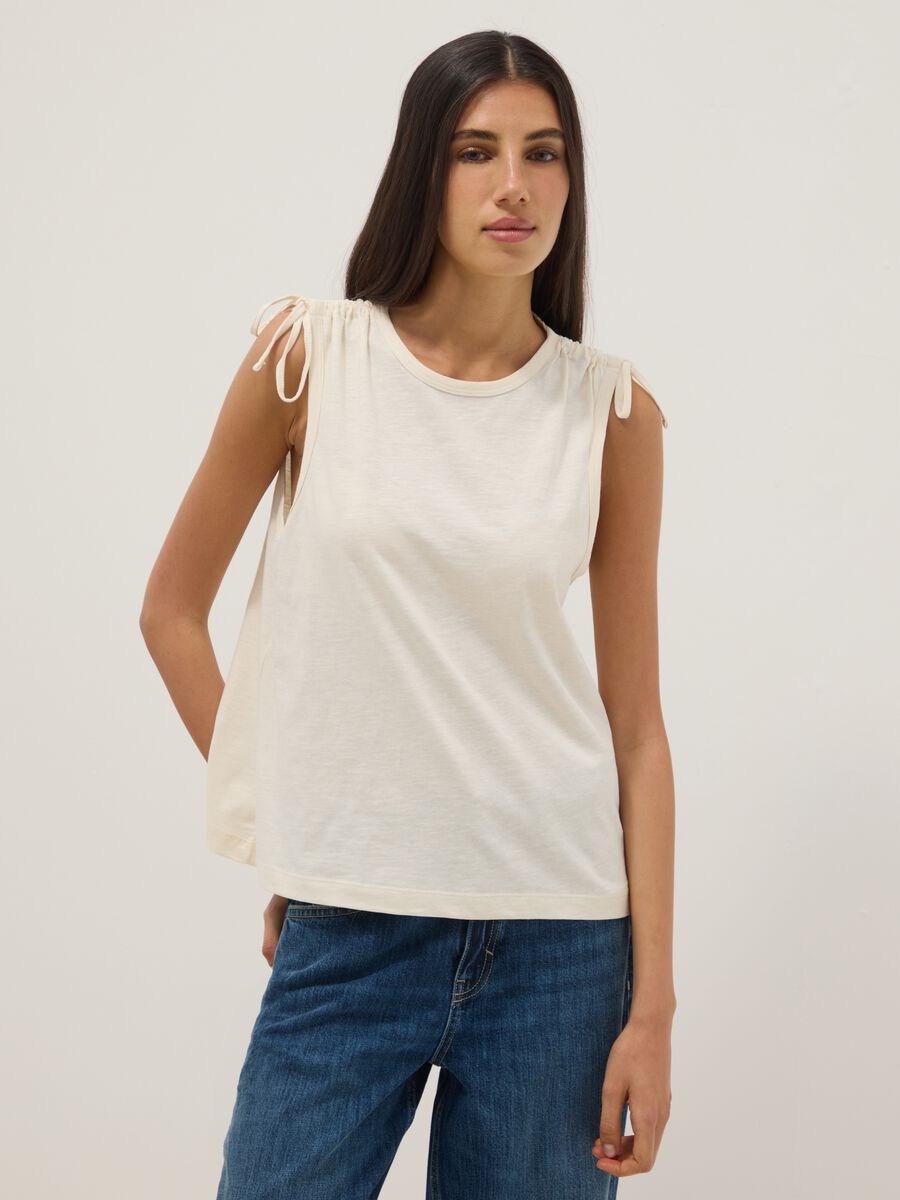 Beige pure cotton top with shoulder ties_0