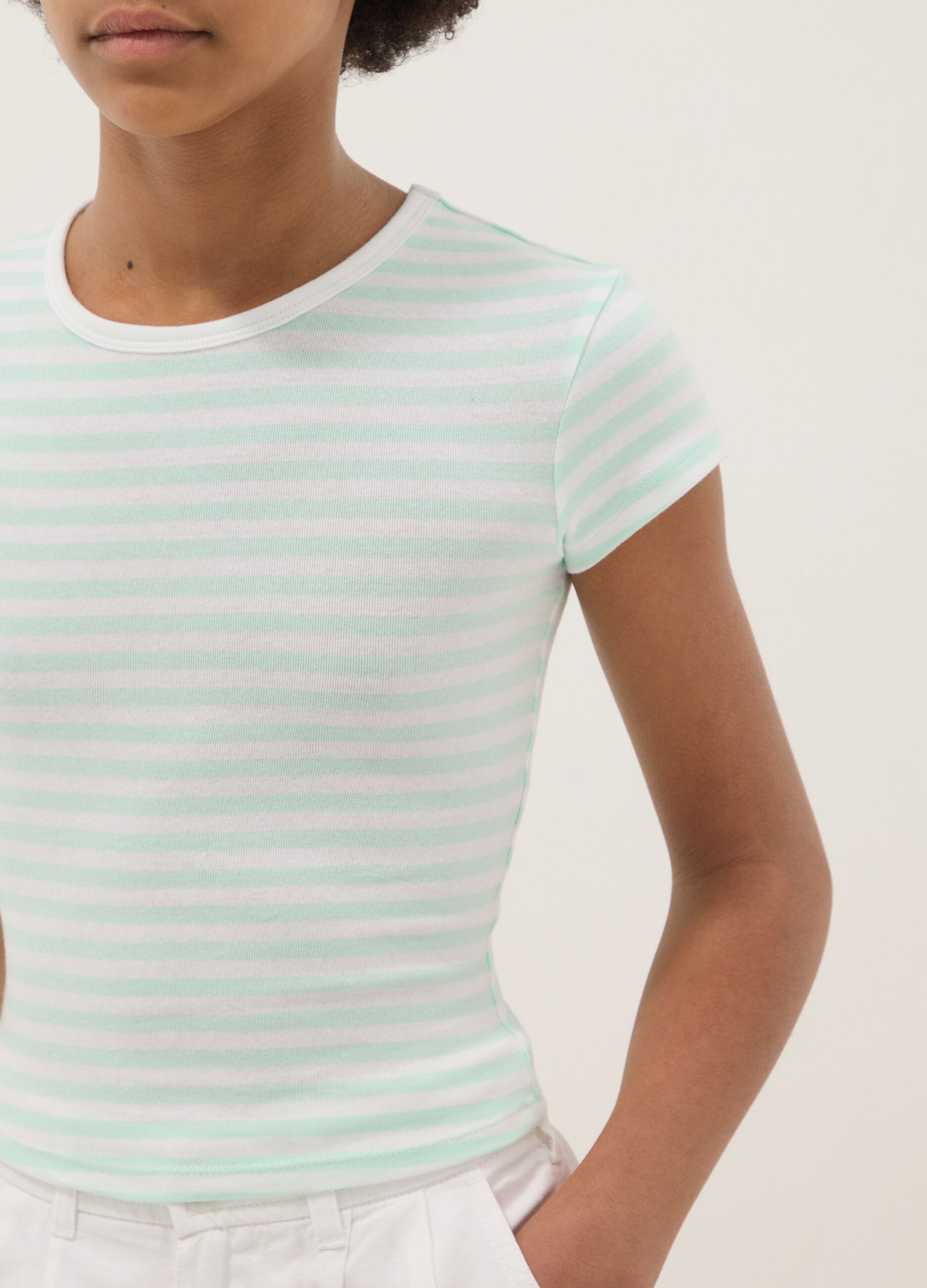 Girls&rsquo; fitted stretch-cotton multicolour striped T-shirt