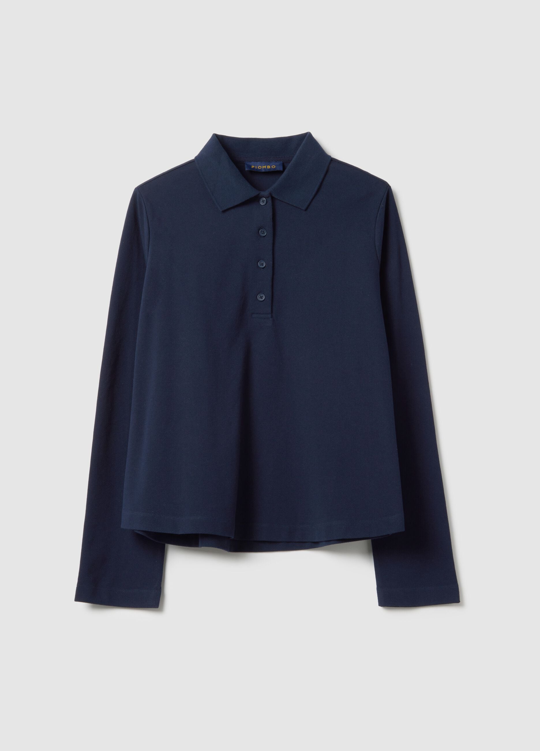 Long-sleeve blue polo shirt in pure cotton regular fit