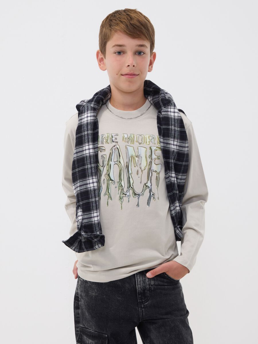 T-shirt grigia in puro cotone con girocollo stampata per ragazzo_0
