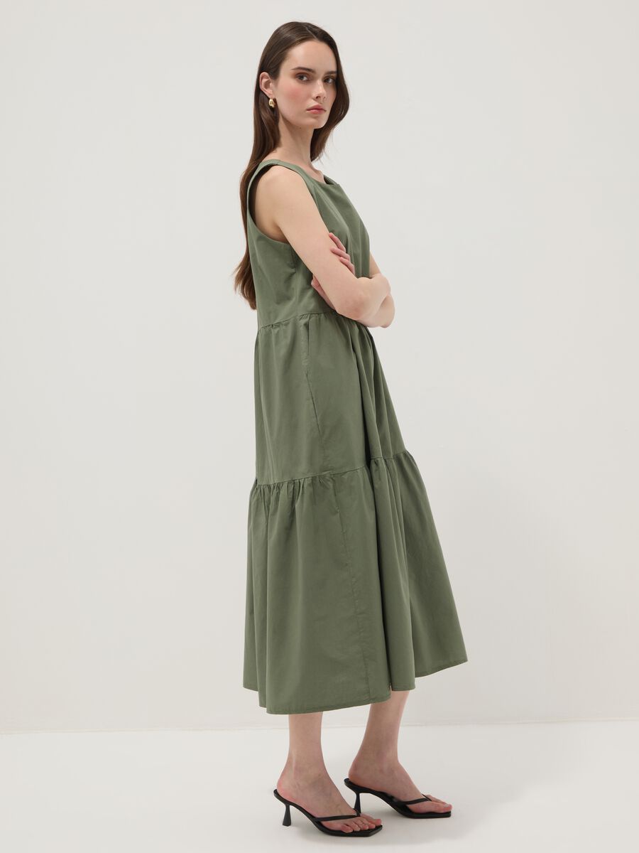 Green sleeveless pure cotton dress with tiered skirt, regular fit_1