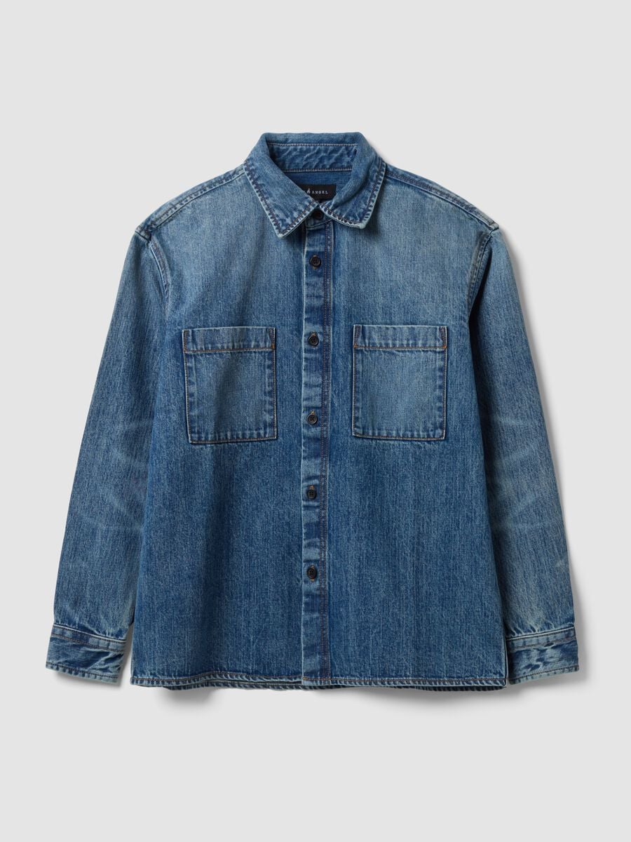 Blue pure cotton denim shirt, regular fit_0
