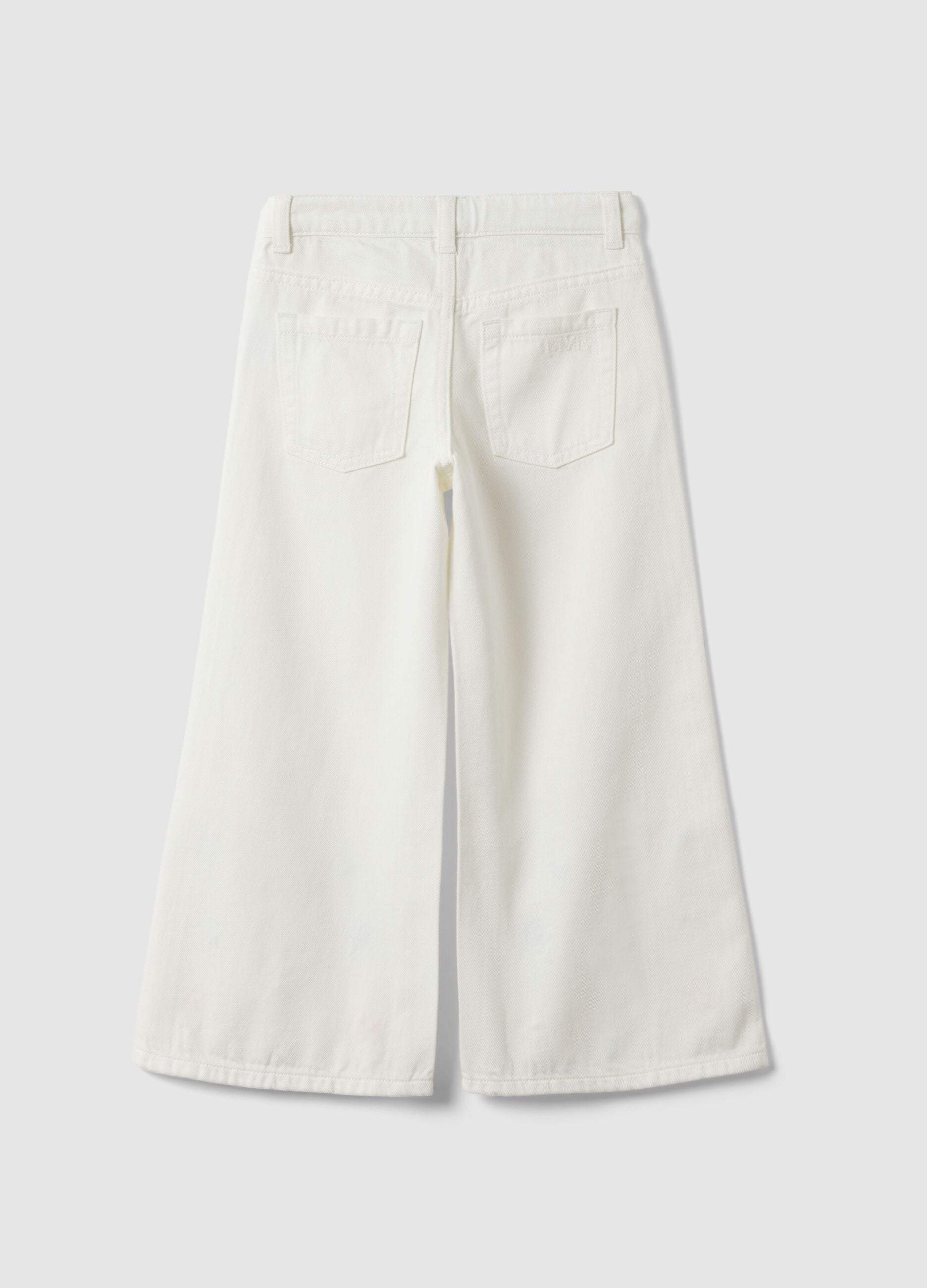 Girls' Wide Leg Pure Cotton White Trousers with Flowers