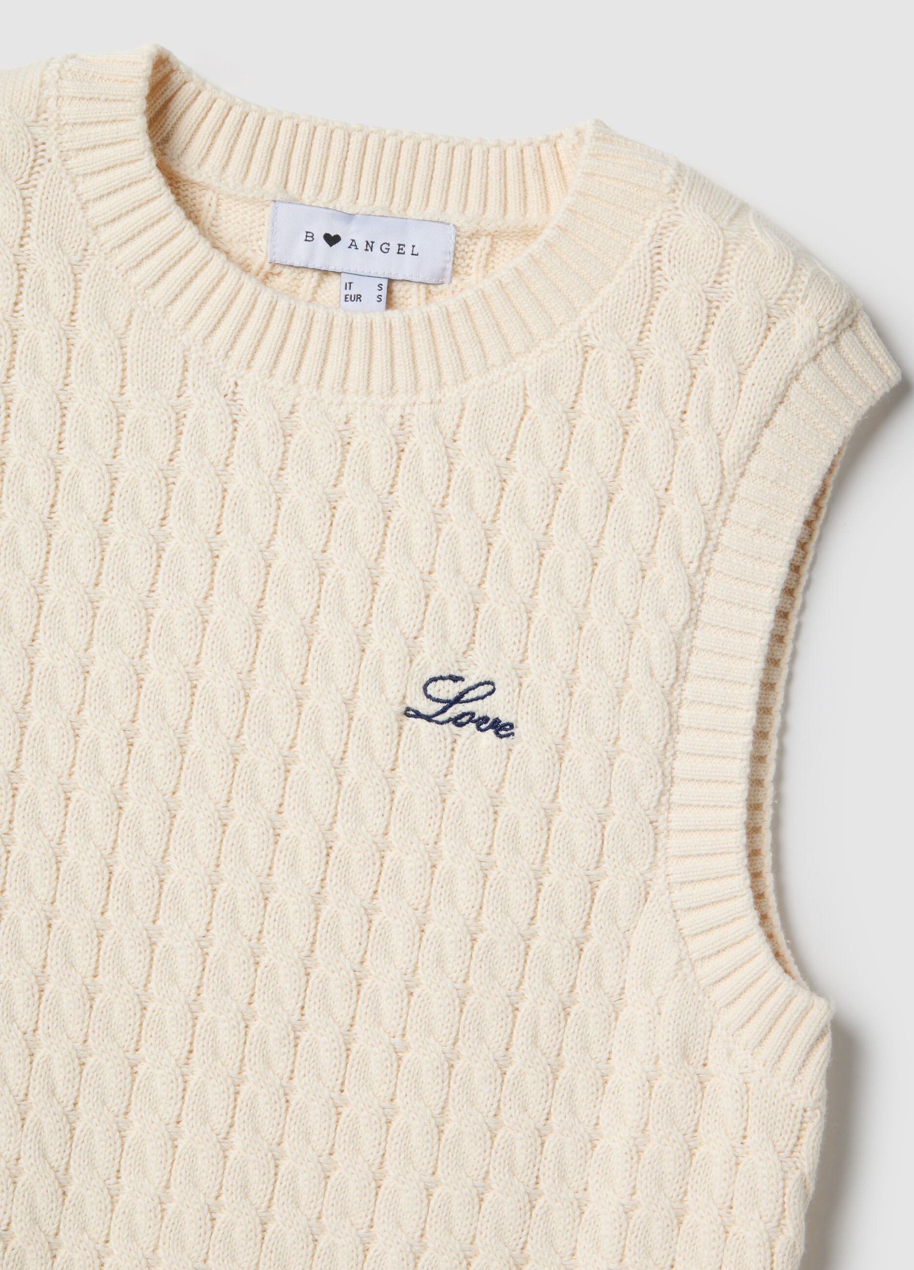 Beige pure cotton regular fit waistcoat with cable knit design