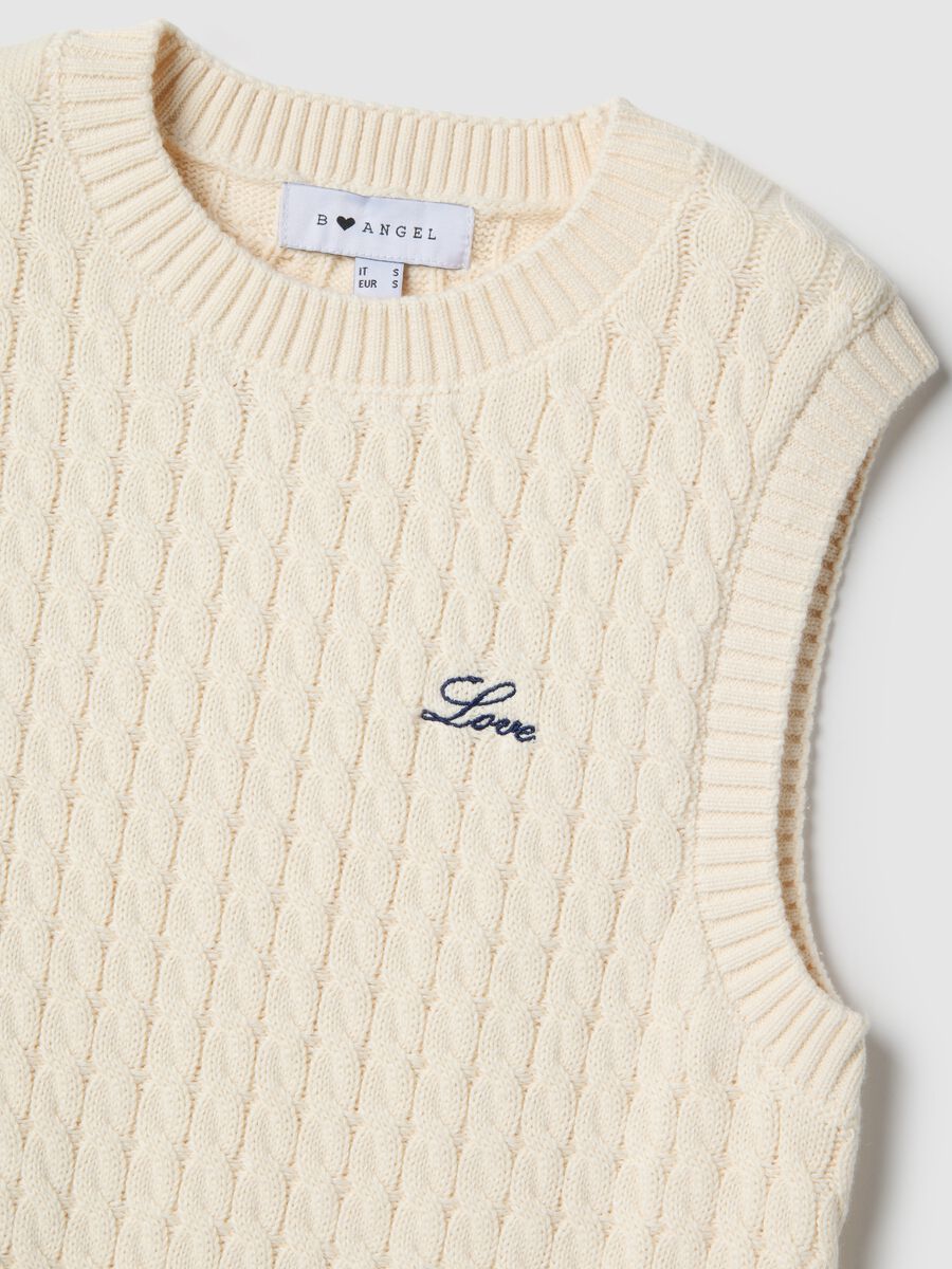 Beige pure cotton regular fit waistcoat with cable knit design_5
