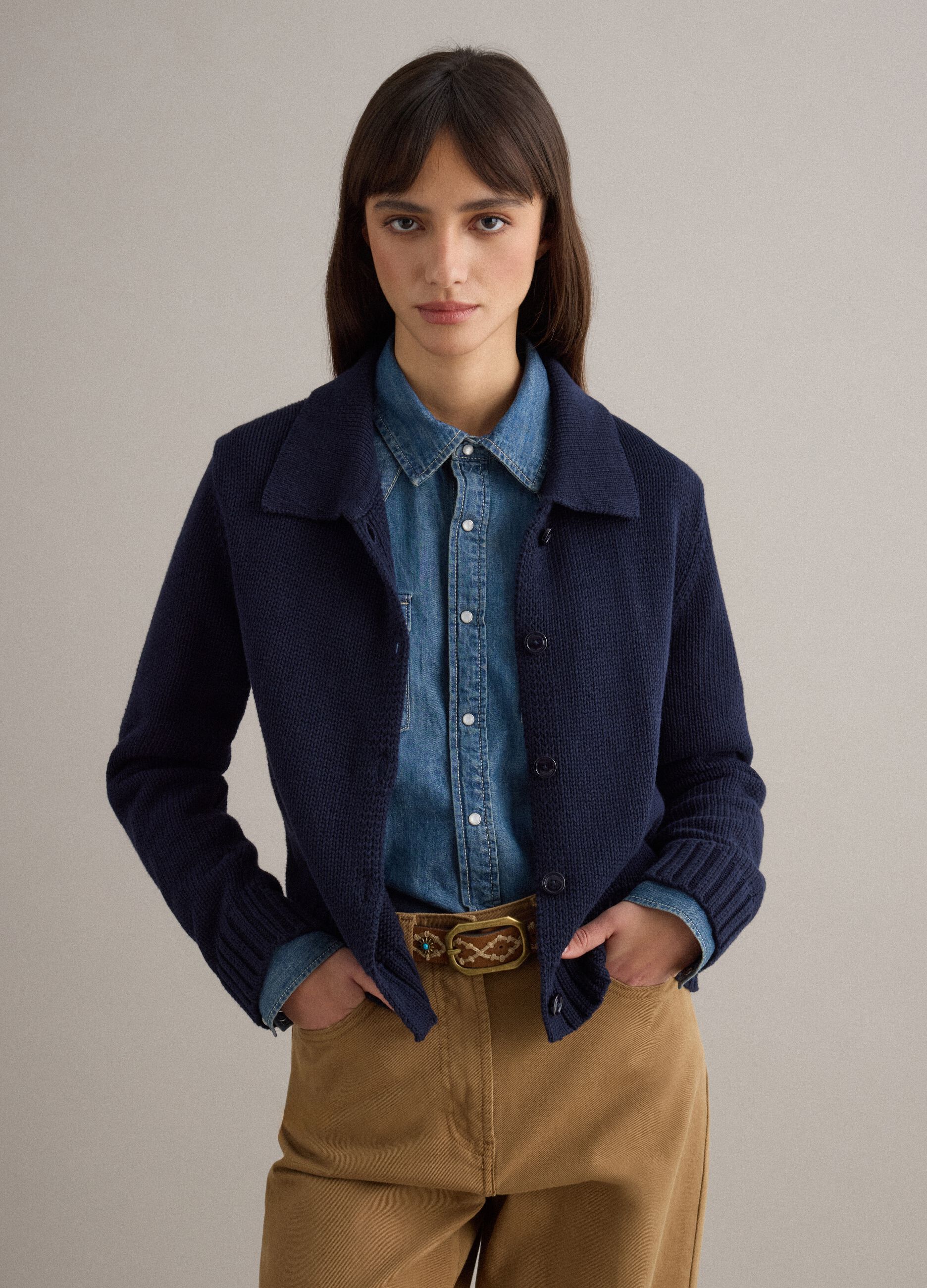 Blue cotton cardigan with polo collar, regular fit