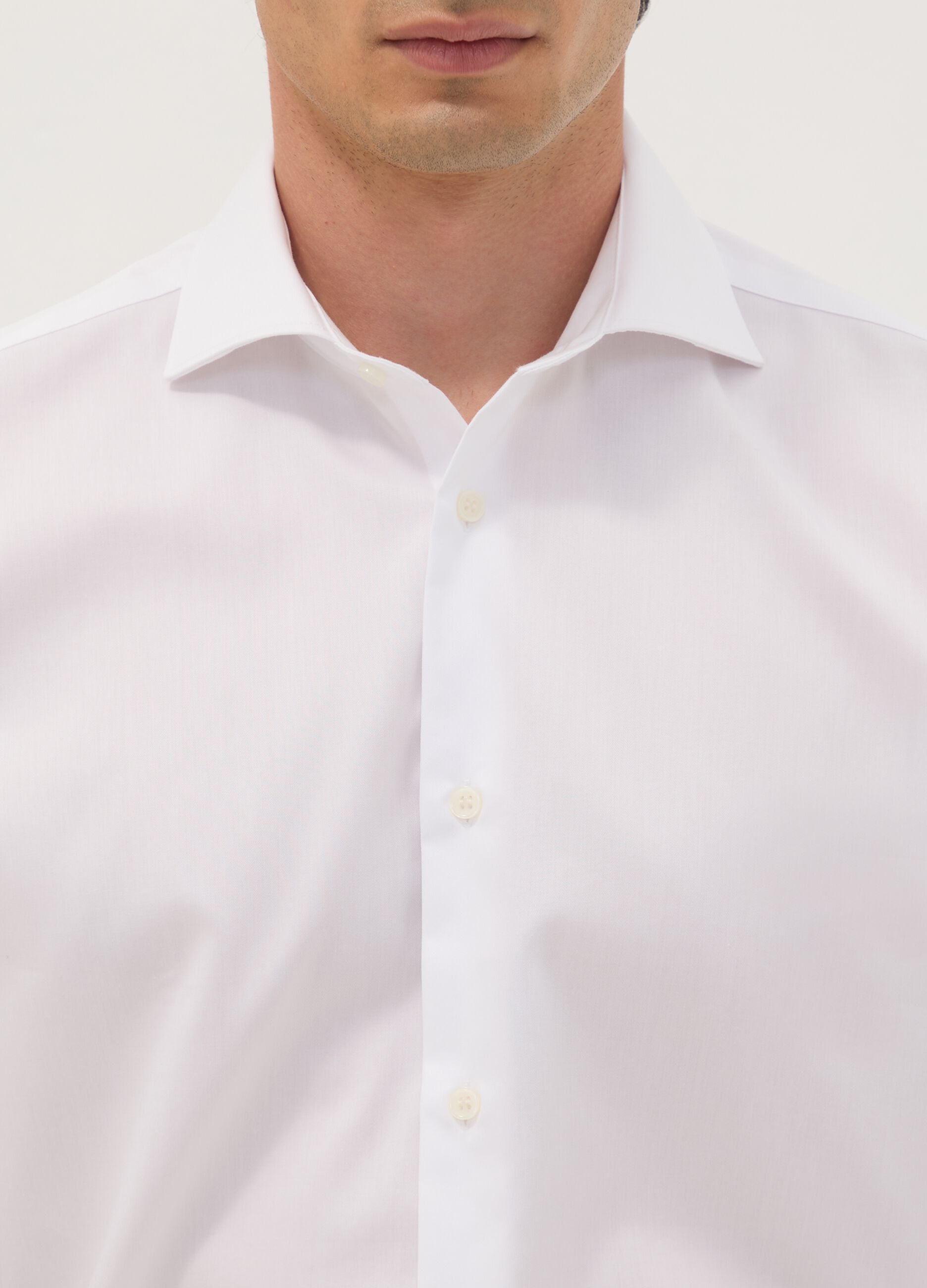 White slim-fit pure cotton shirt with French collar, non-iron