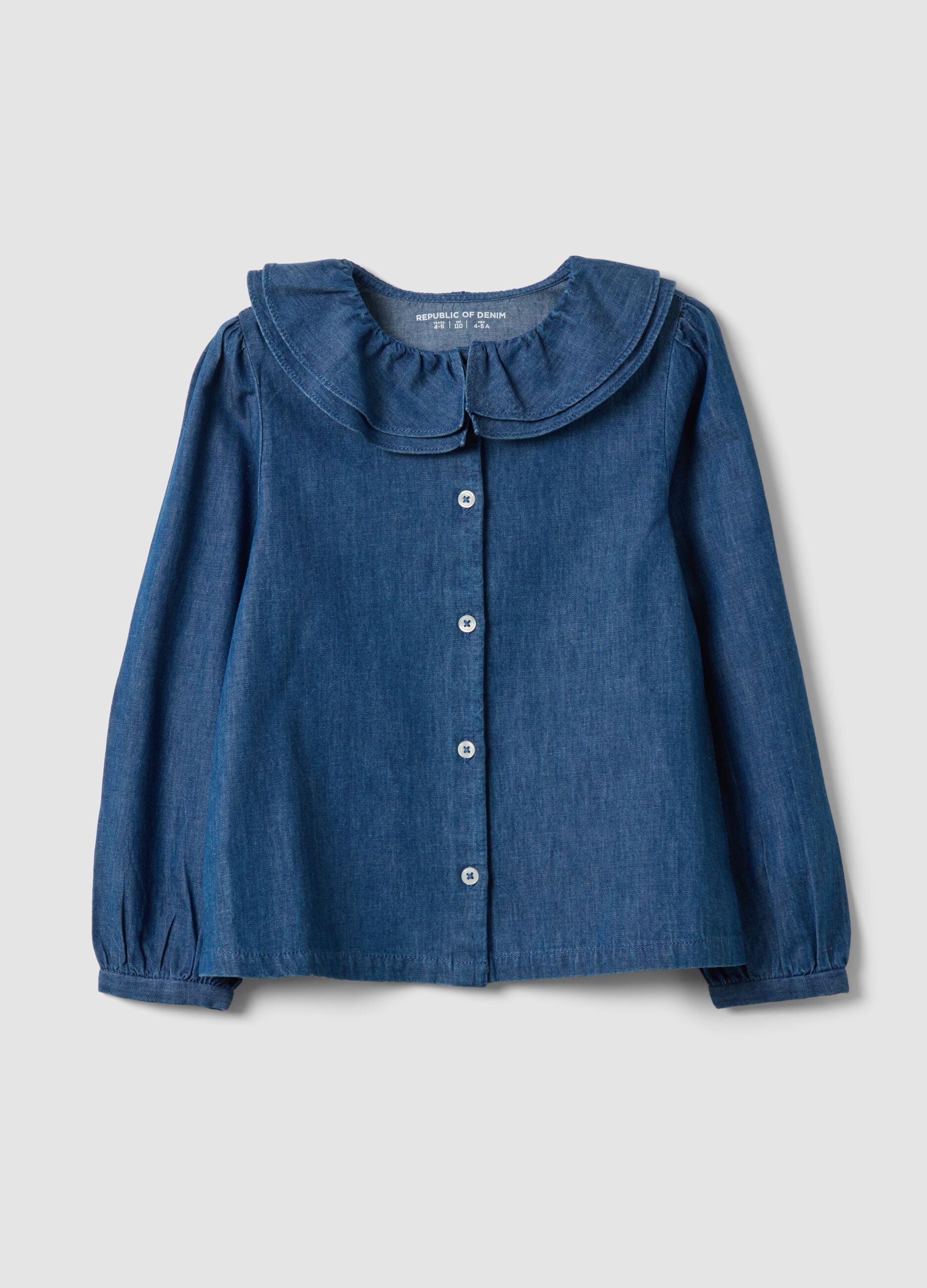 Blue pure organic cotton shirt with wide collar