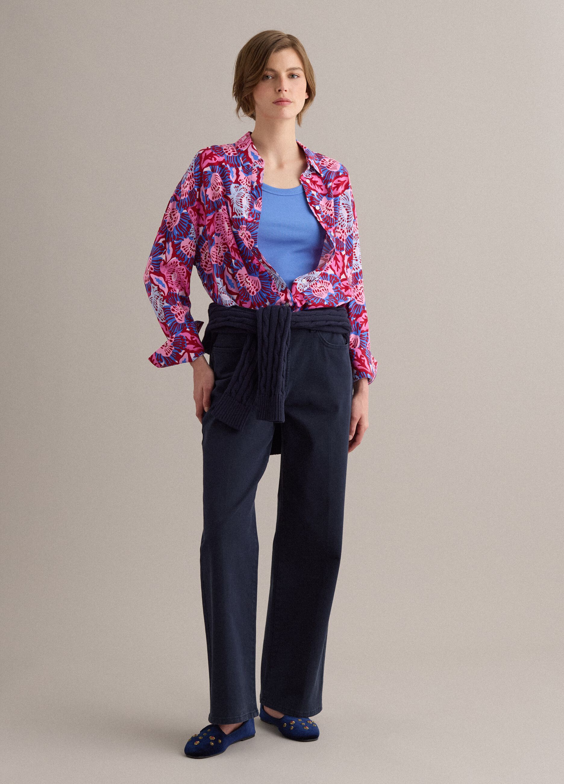 Multicolour short-sleeve pure viscose shirt
