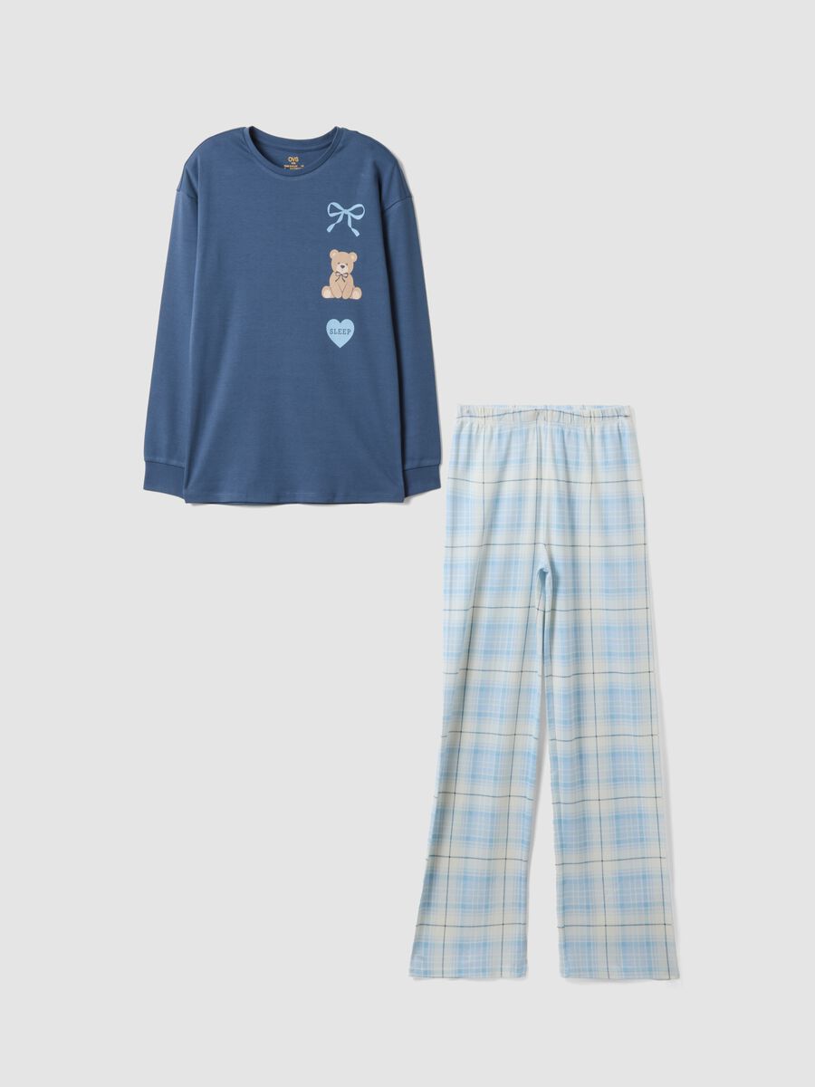 Blue pure organic cotton pyjamas with teddy bear for girls_0