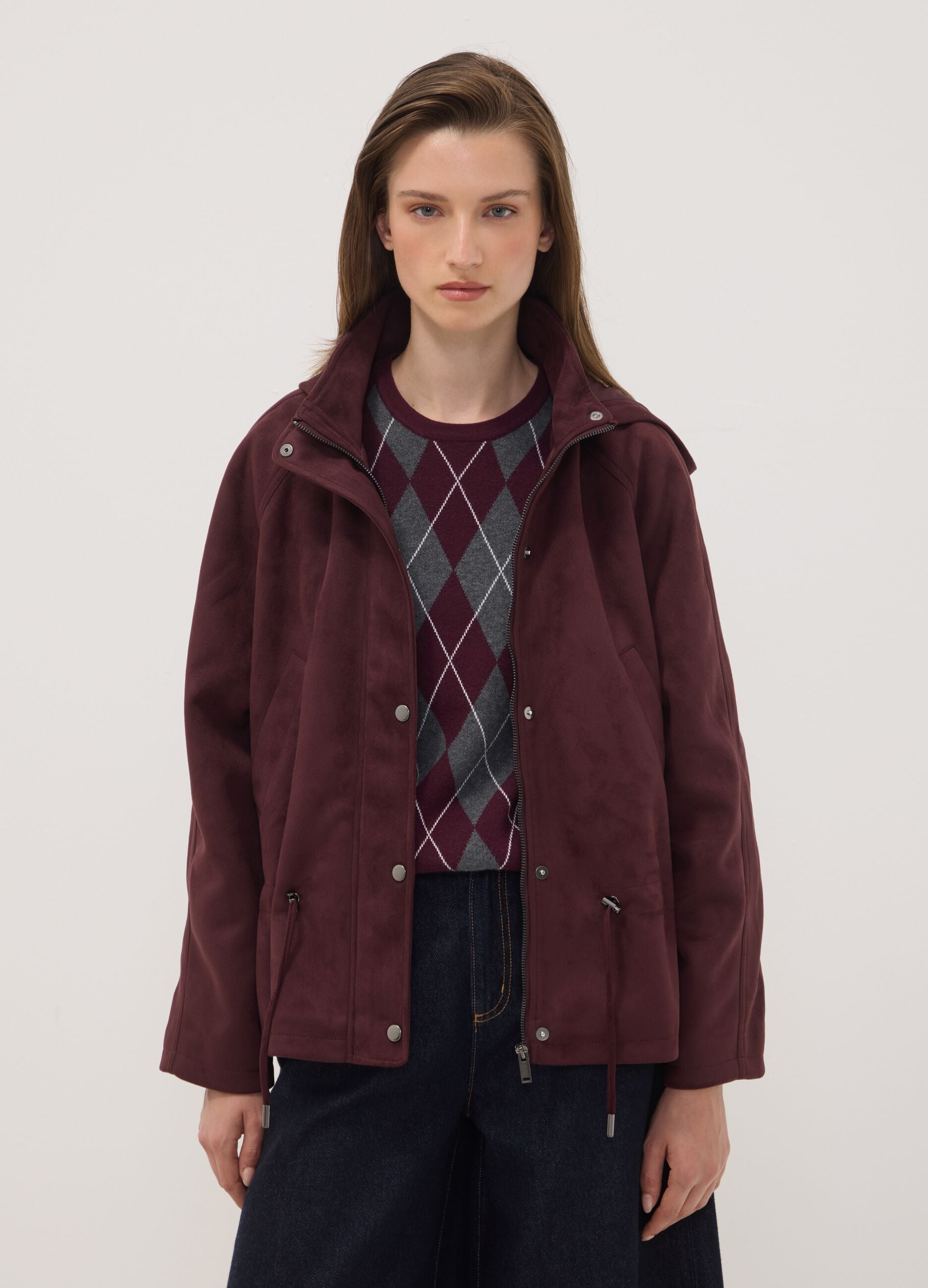 Purple hooded parka with zip and press-stud fastening
