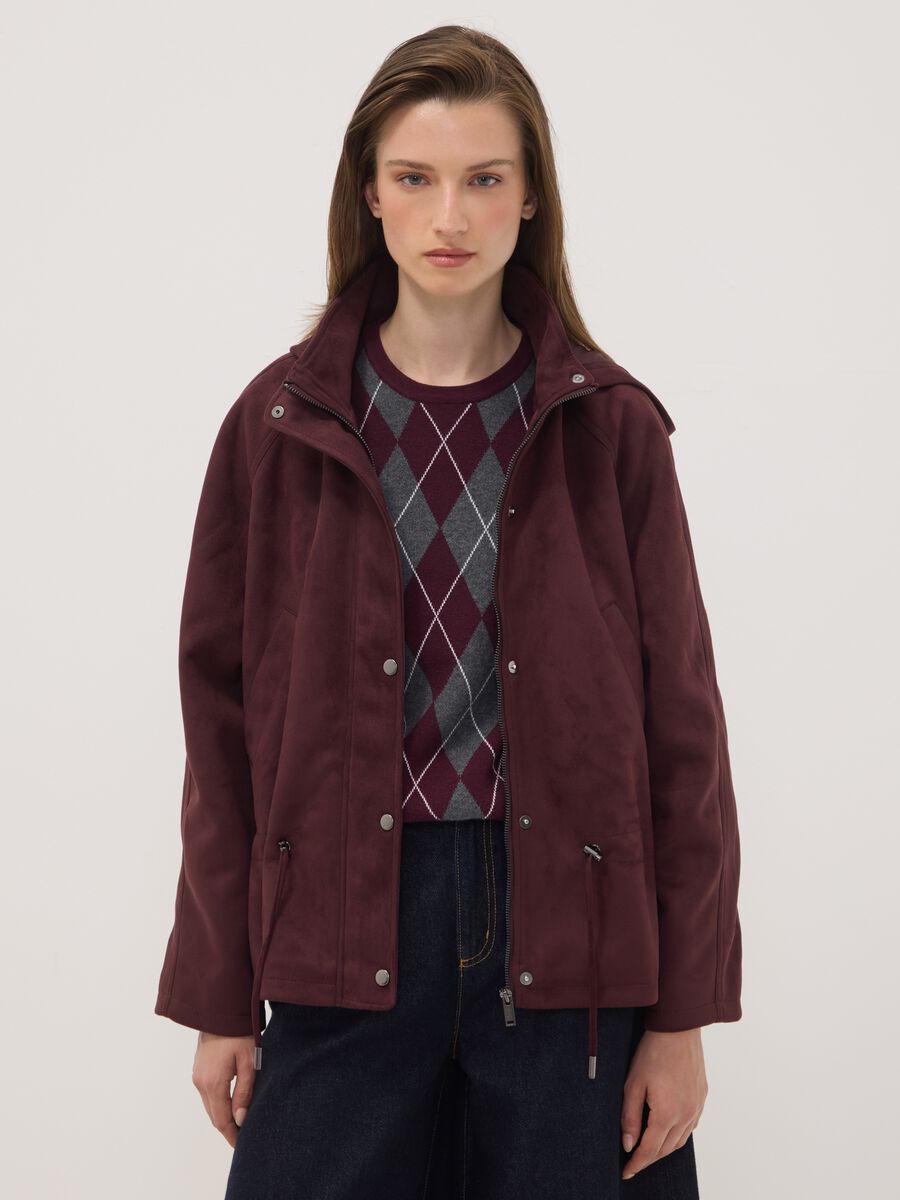 Purple hooded parka with zip and press-stud fastening_1