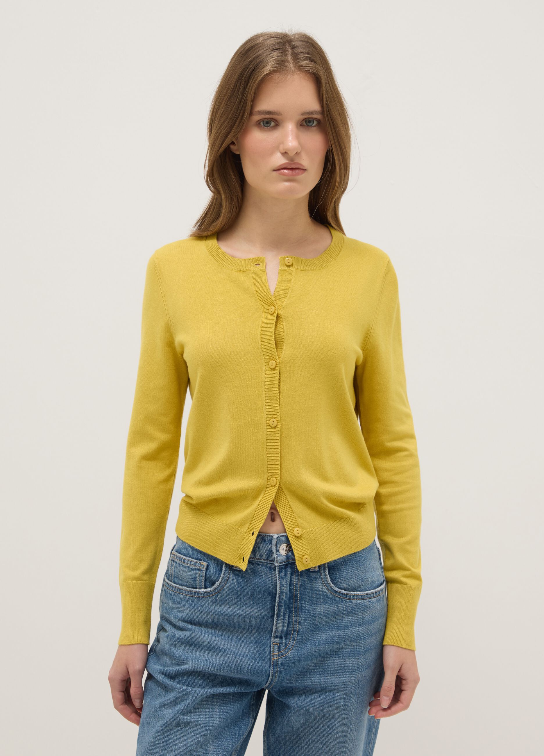 Yellow Crew Neck Regular Fit Cardigan