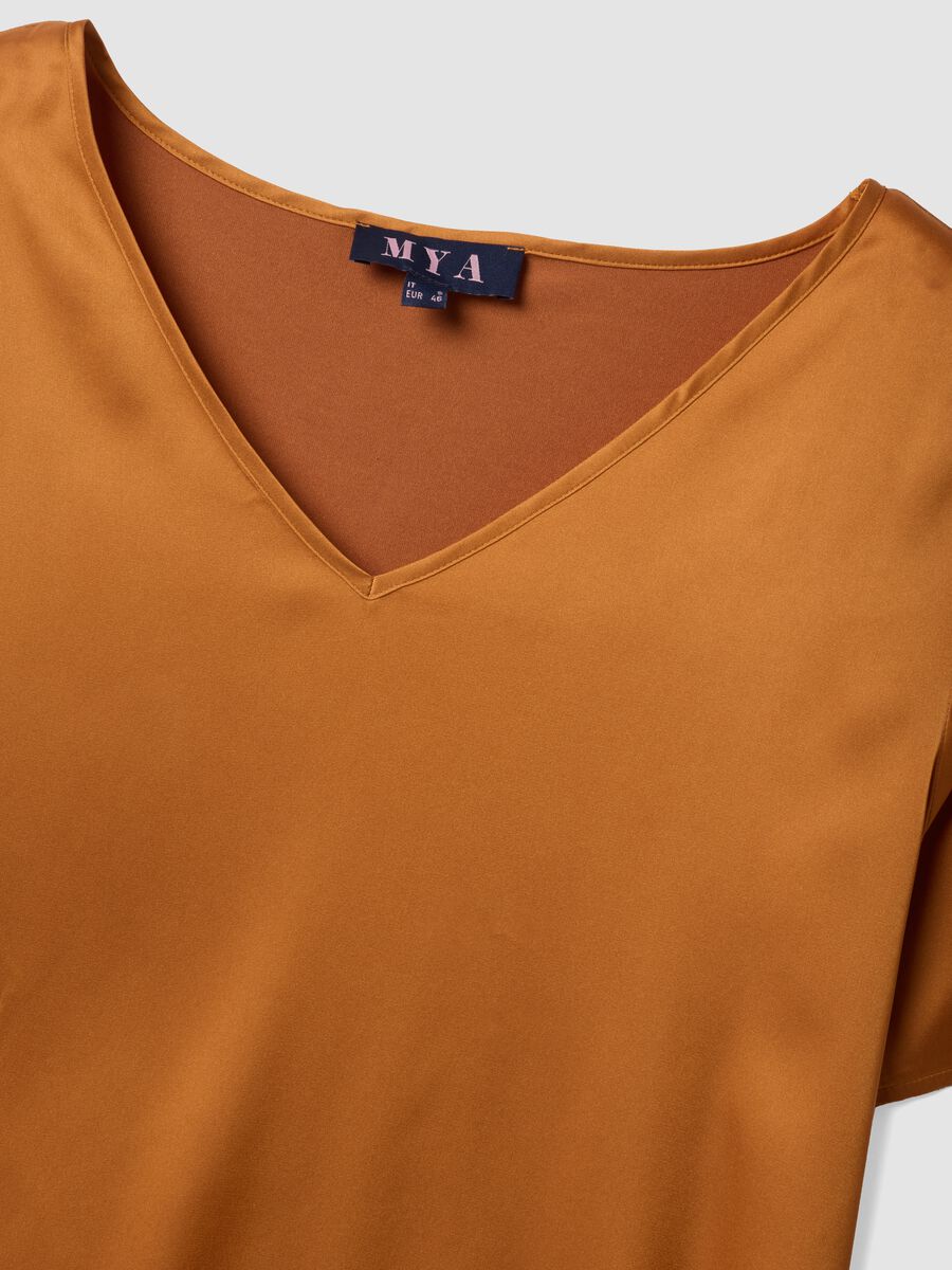 Brown satin V-neck blouse in stretch fabric, regular fit_6