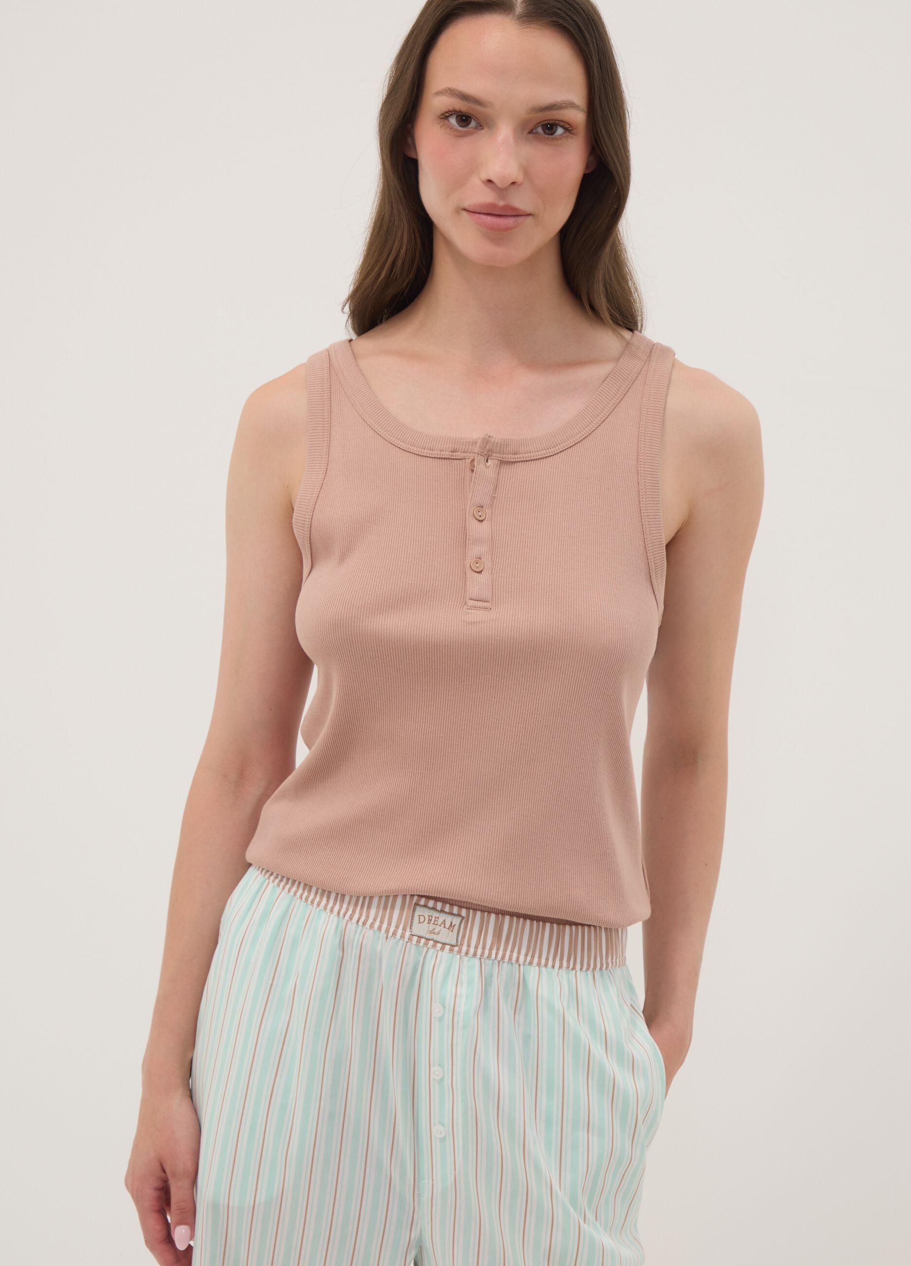 Beige ribbed cotton and viscose blend henley vest top